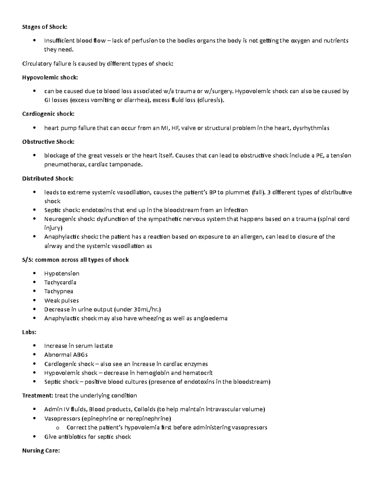 Stages of Shock Med Surge 2 Exam 2 Stages of Shock Insufficient