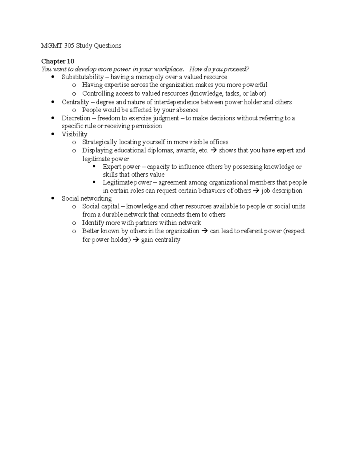 MGMT Final Review - MGMT 305 Study Questions Chapter 10 You want to ...