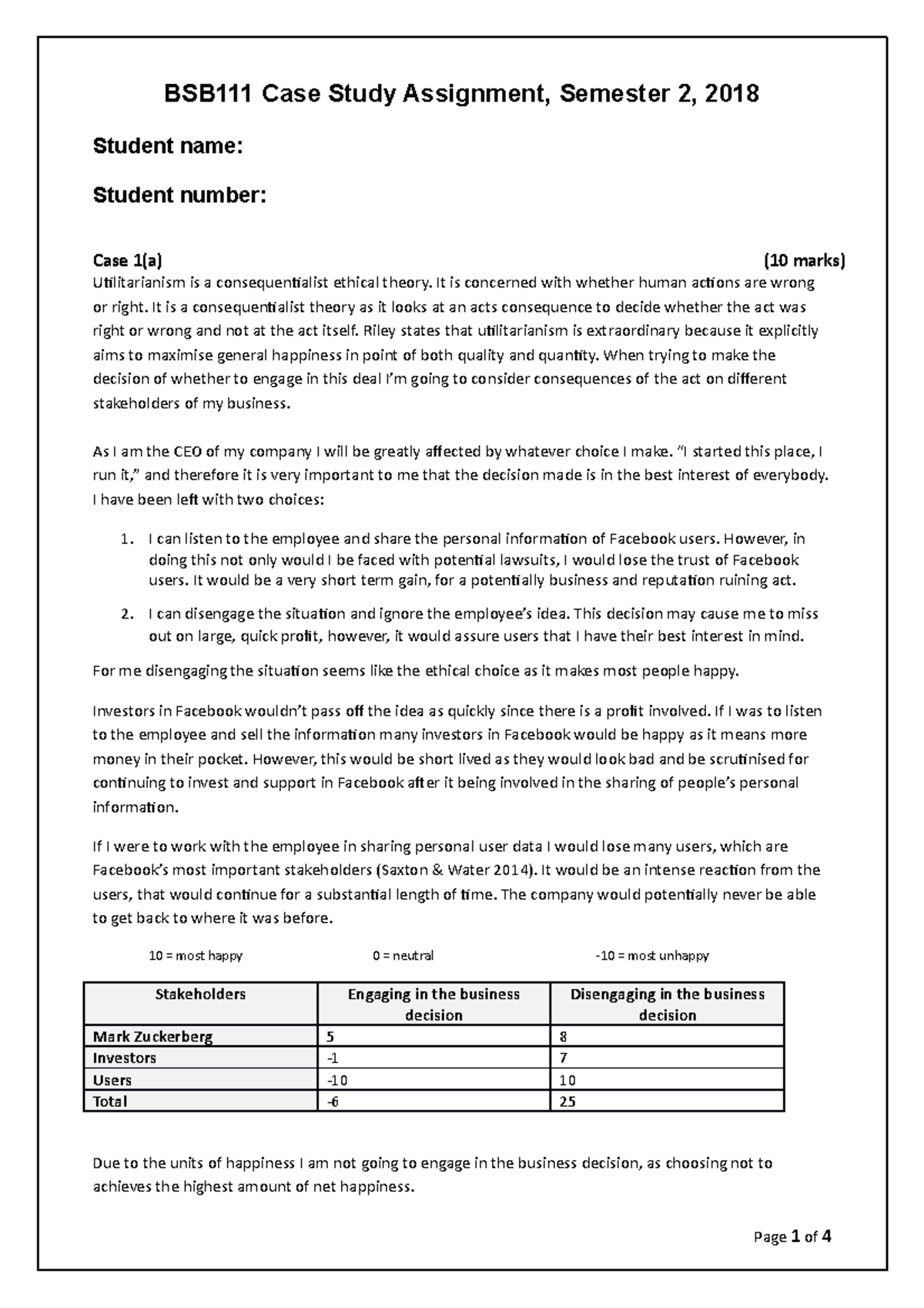Bsb111 - Assignment - Case Study Assignment, Semester 2, 2018 Student ...