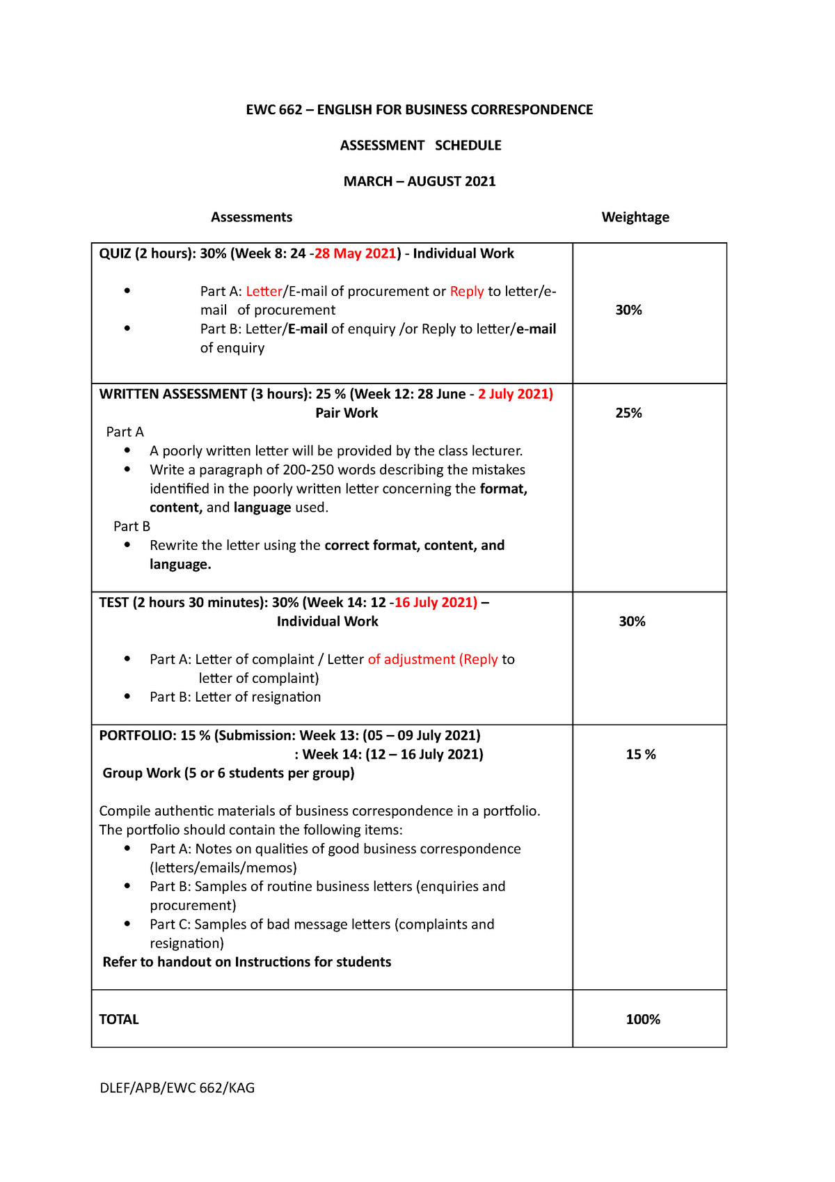 1 March August 2021 Ewc662 Assessment Schedule Ewc 662 English For Business Correspondence Studocu