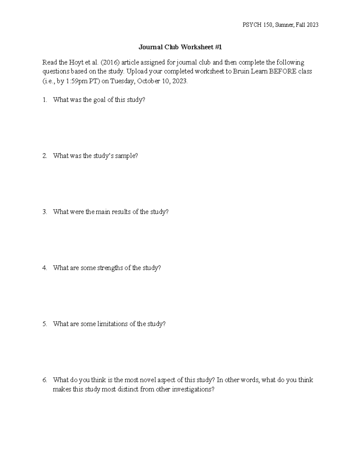 Journal Club Worksheet 1 PSYCH 150, Sumner, Fall 2023 Journal Club