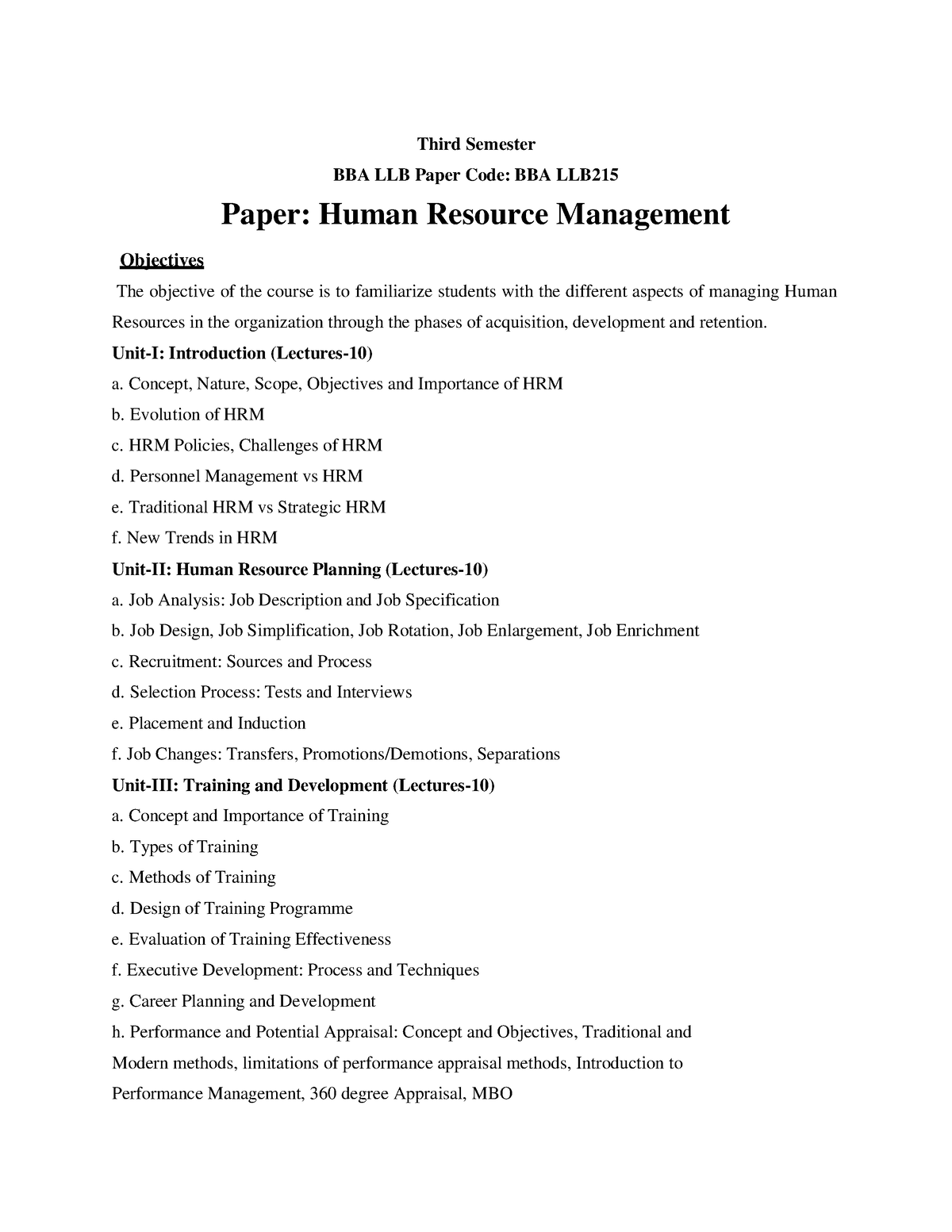 HRM Notes - Third Semester BBA LLB Paper Code: BBA LLB Paper: Human ...