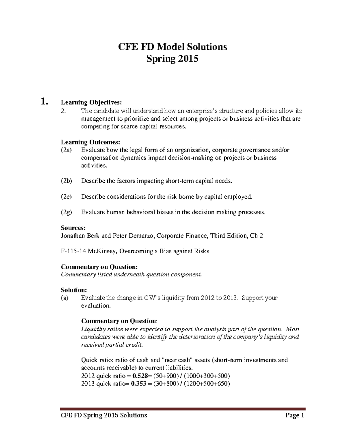 Cfefd-exam-solution - Corporate finance exam trial solutions - CFE FD ...