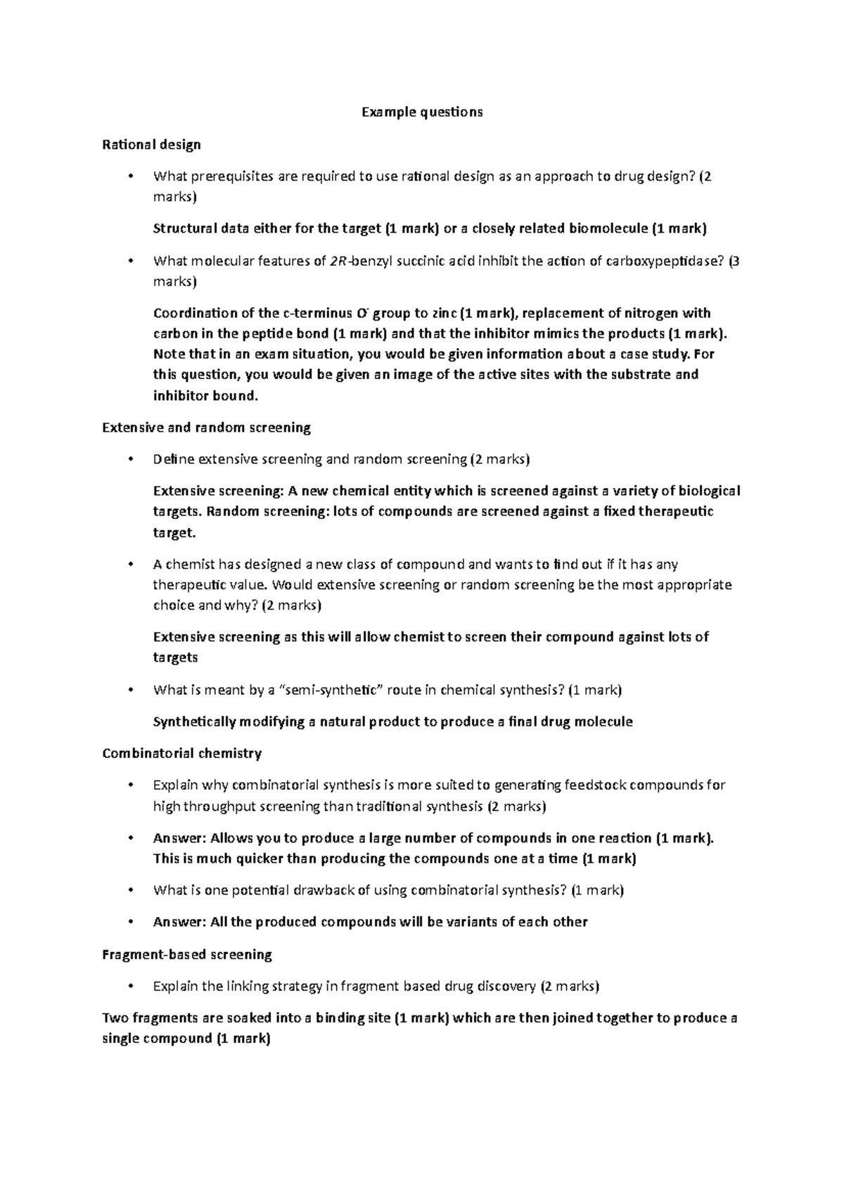 Example Questions for Drug Design- Answers - Example questions Rational ...