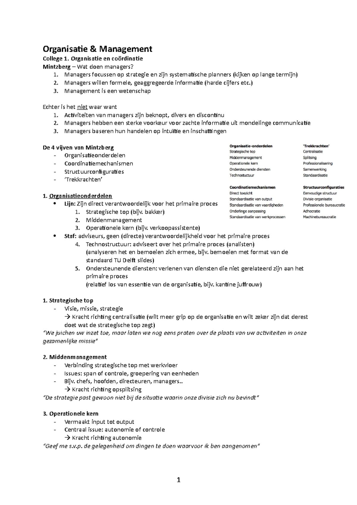 Samenvatting - Organisatie Management College 1. Organisatie En ...