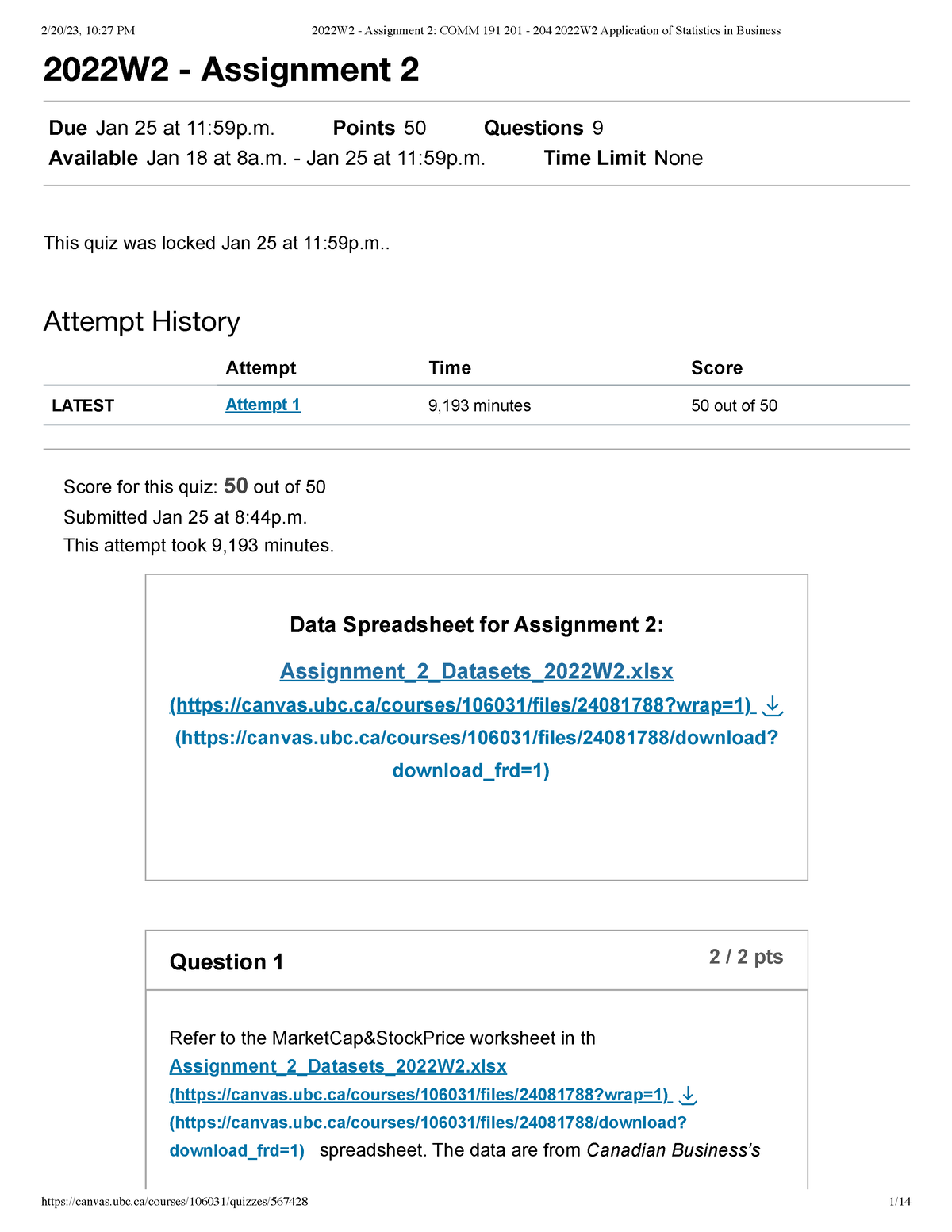 COMM 191 Assignment 2 2023 2022W2 Assignment 2 Due Jan 25 at