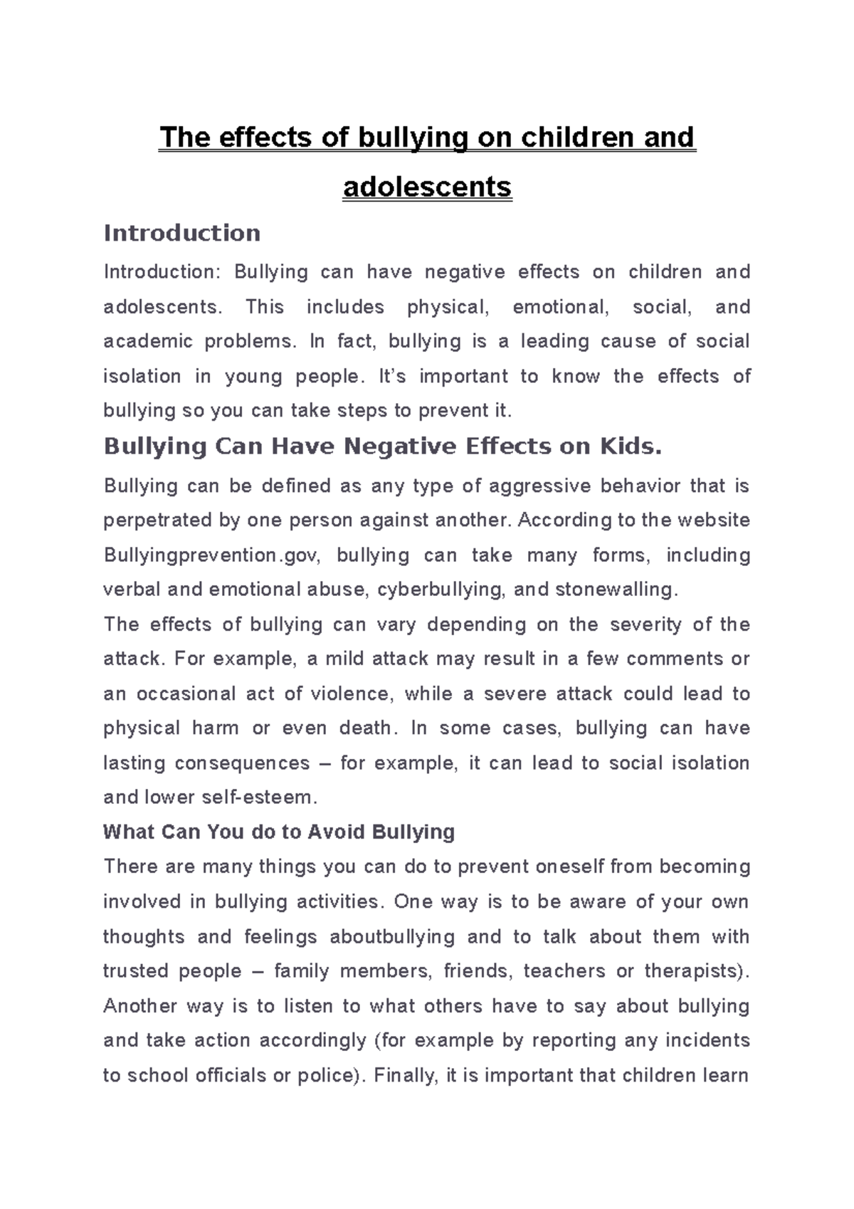 The effects of bullying on children and adolescents - The effects of ...