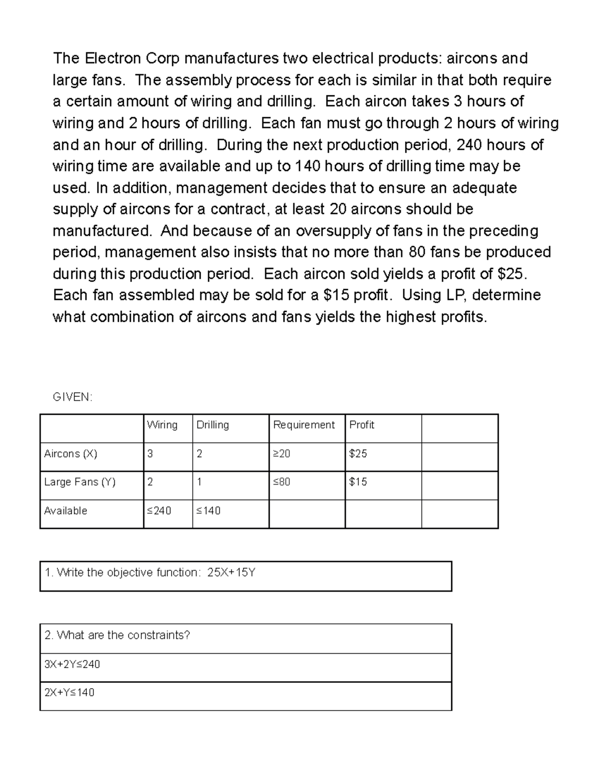 LP EX2 - Linear Programming Exercises - The Electron Corp manufactures ... image.