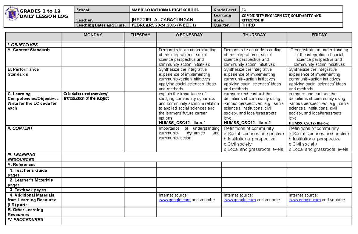 DLL CESC Q1 W1 - lesson 1 - GRADES 1 to 12 DAILY LESSON LOG School ...