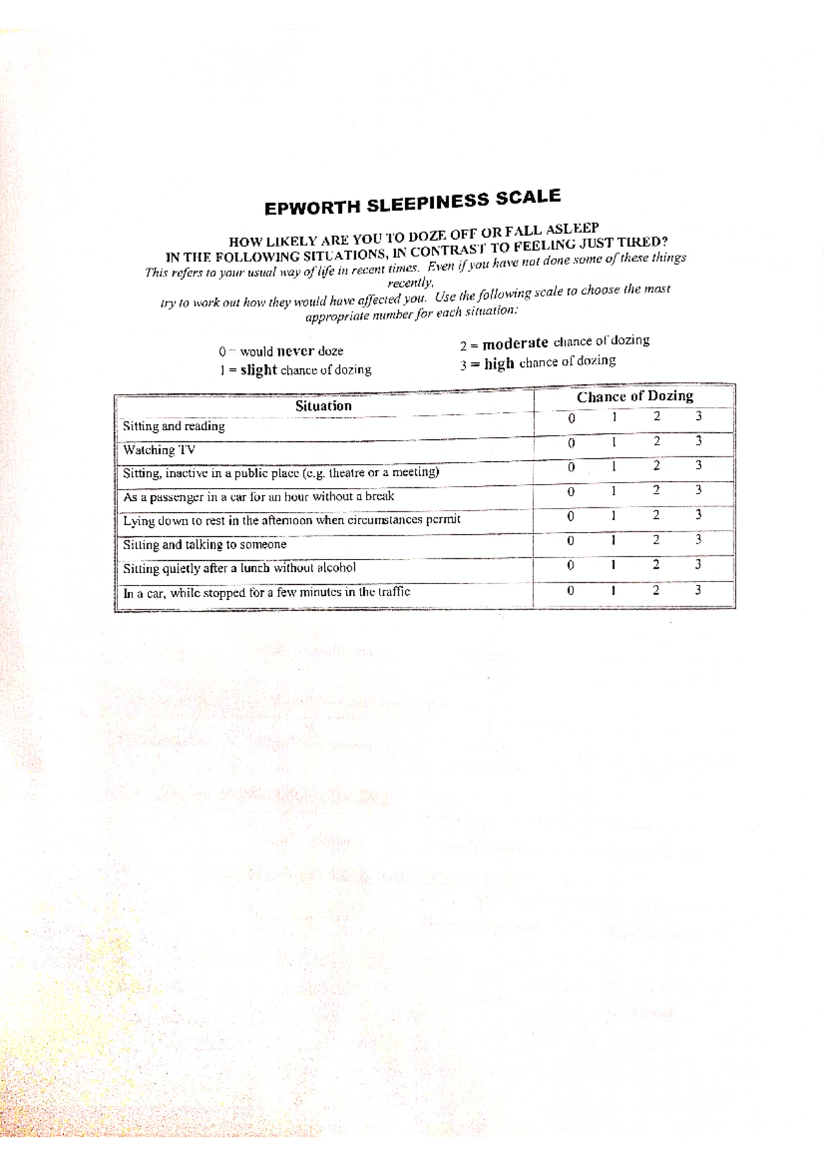 Insomnia Scales - scale - EPWORTH SLEEPINESS SCALE IN THE FOLLOWING ...
