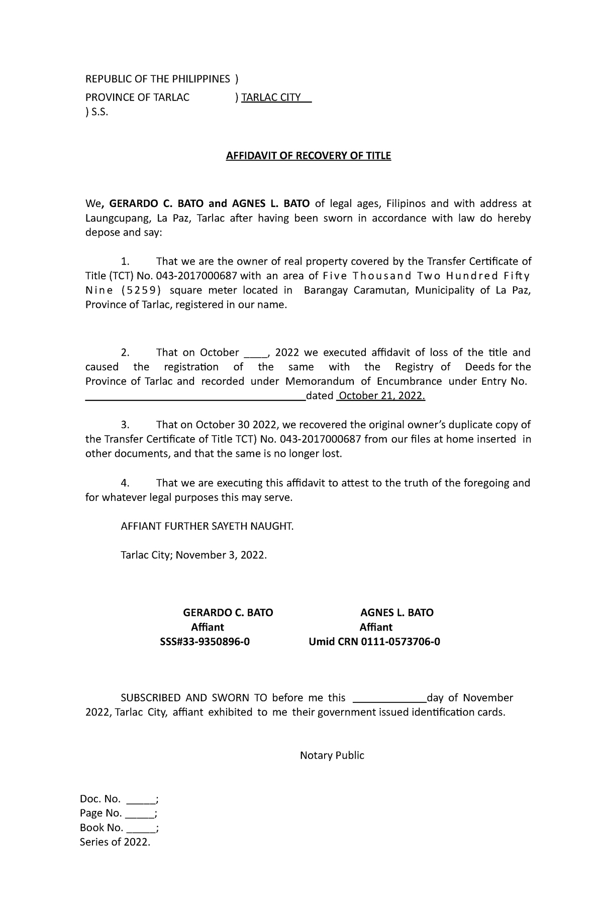 Affidavit Of Recovery REPUBLIC OF THE PHILIPPINES PROVINCE OF   Thumb 1200 1835 