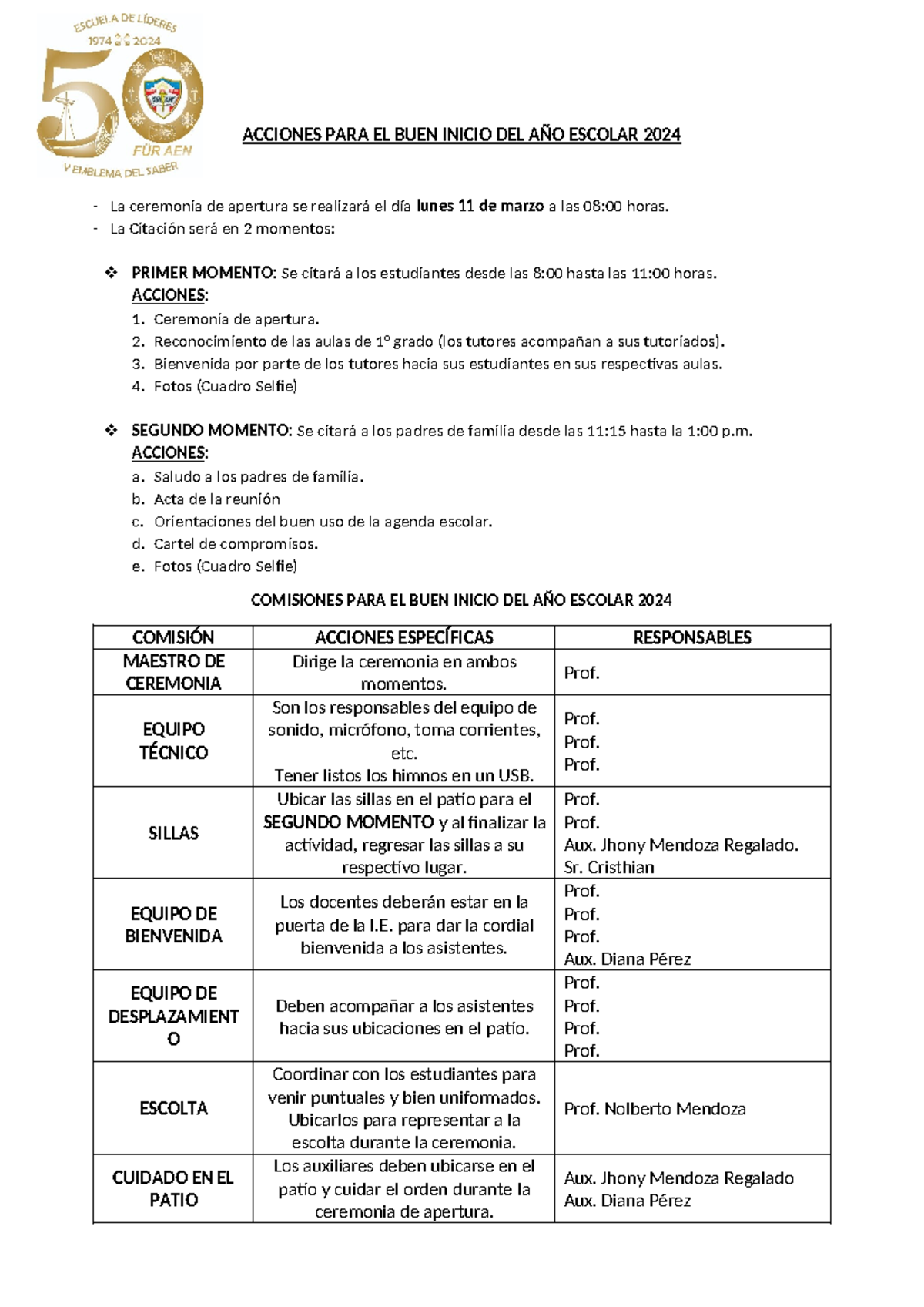 Acciones PARA EL BUEN Inicio DEL AÑO Escolar 2024 - ACCIONES PARA EL ...