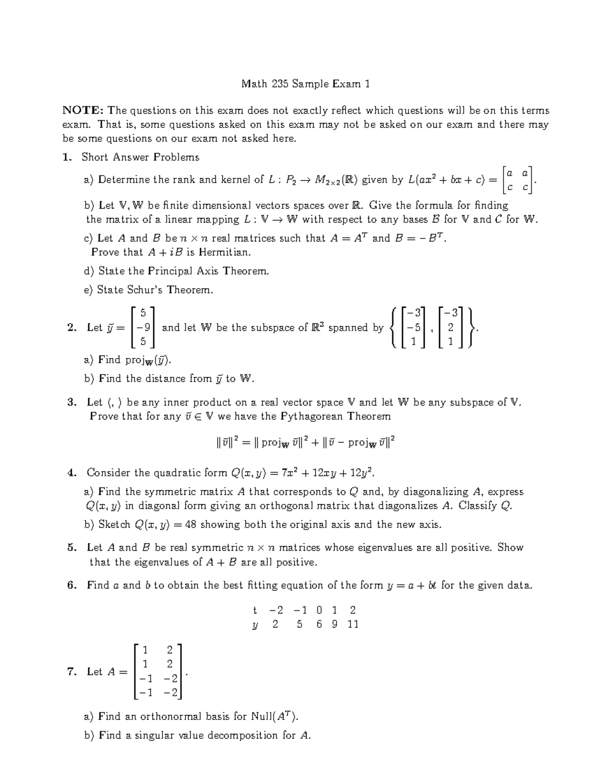 Final exam 21 December, questions - Math 235 Sample Exam 1 NOTE: The ...