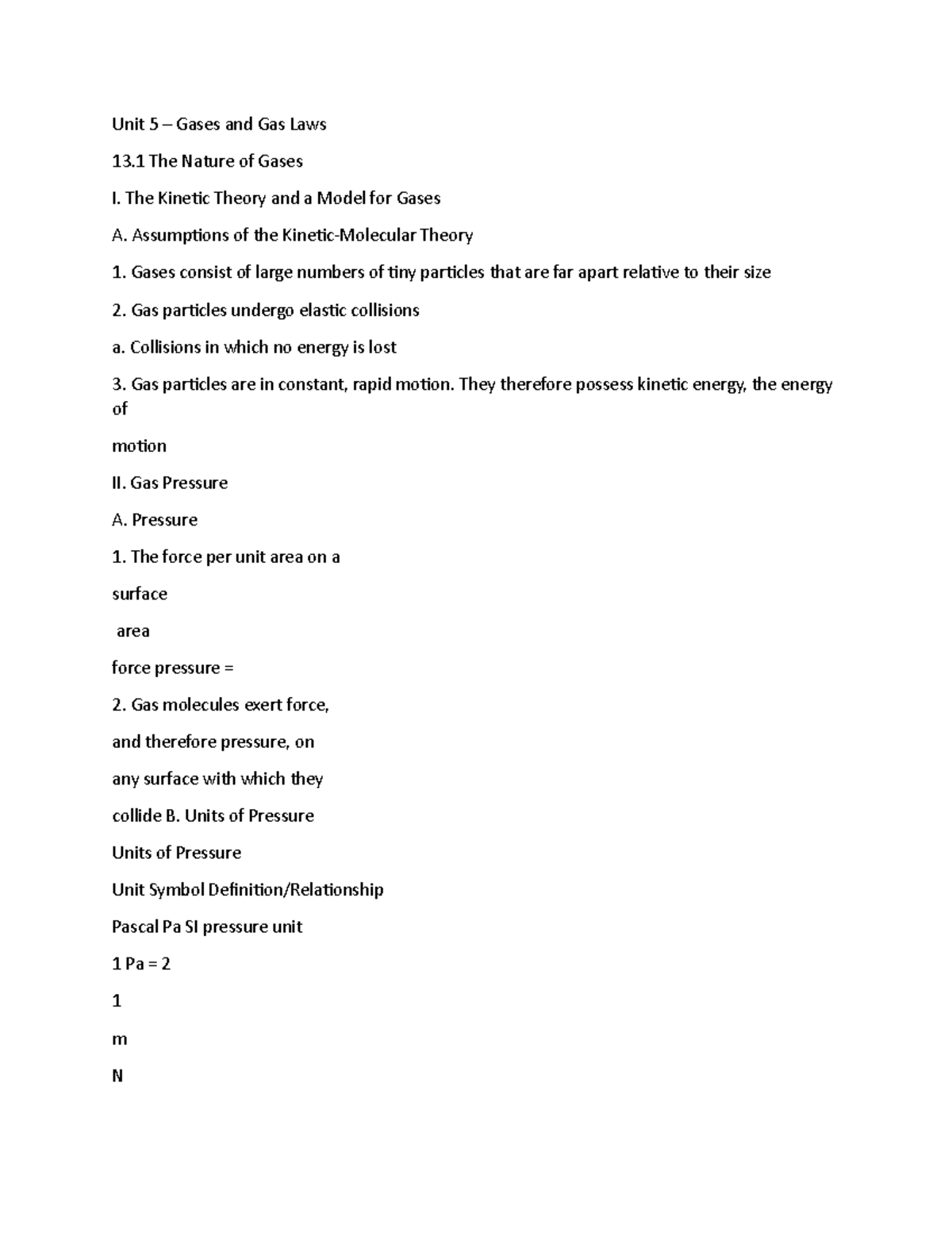 Gas and Gas Laws - typed in class - Unit 5 – Gases and Gas Laws 13 The ...