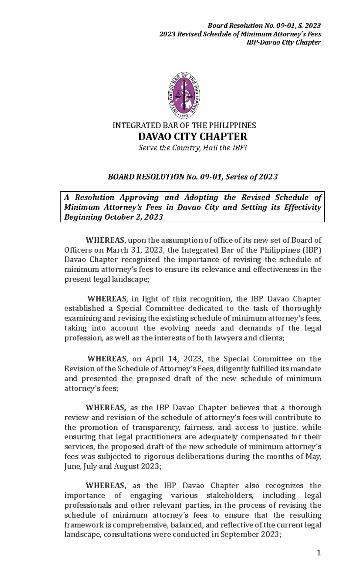 2023 Revised Schedule of Minimum Attorneys Fees 0901, Series of 2023