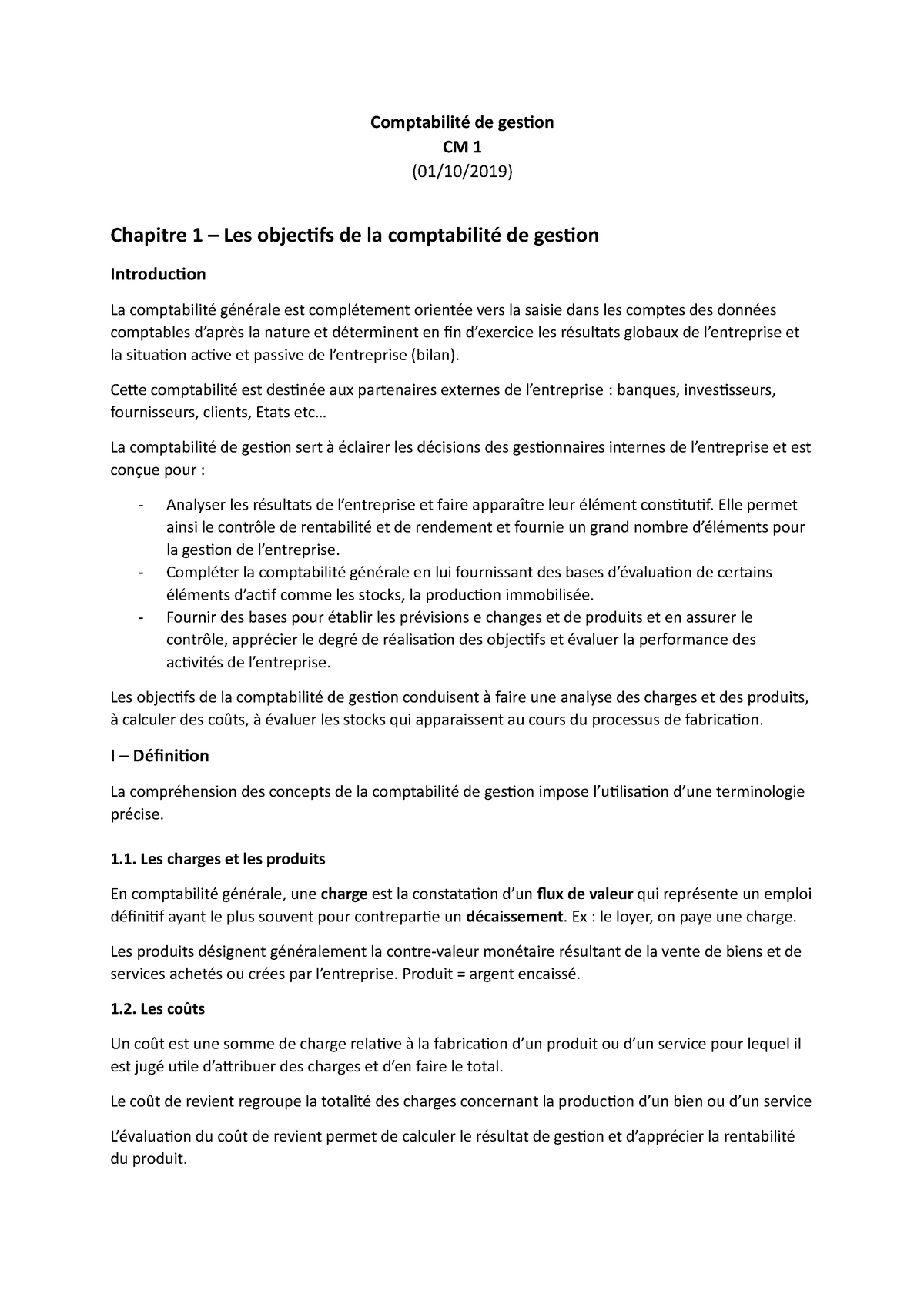 Cm Comptabilité De Gestion Cm 1 01102019 Chapitre 1 Les Objectifs De La Comptabilité De 