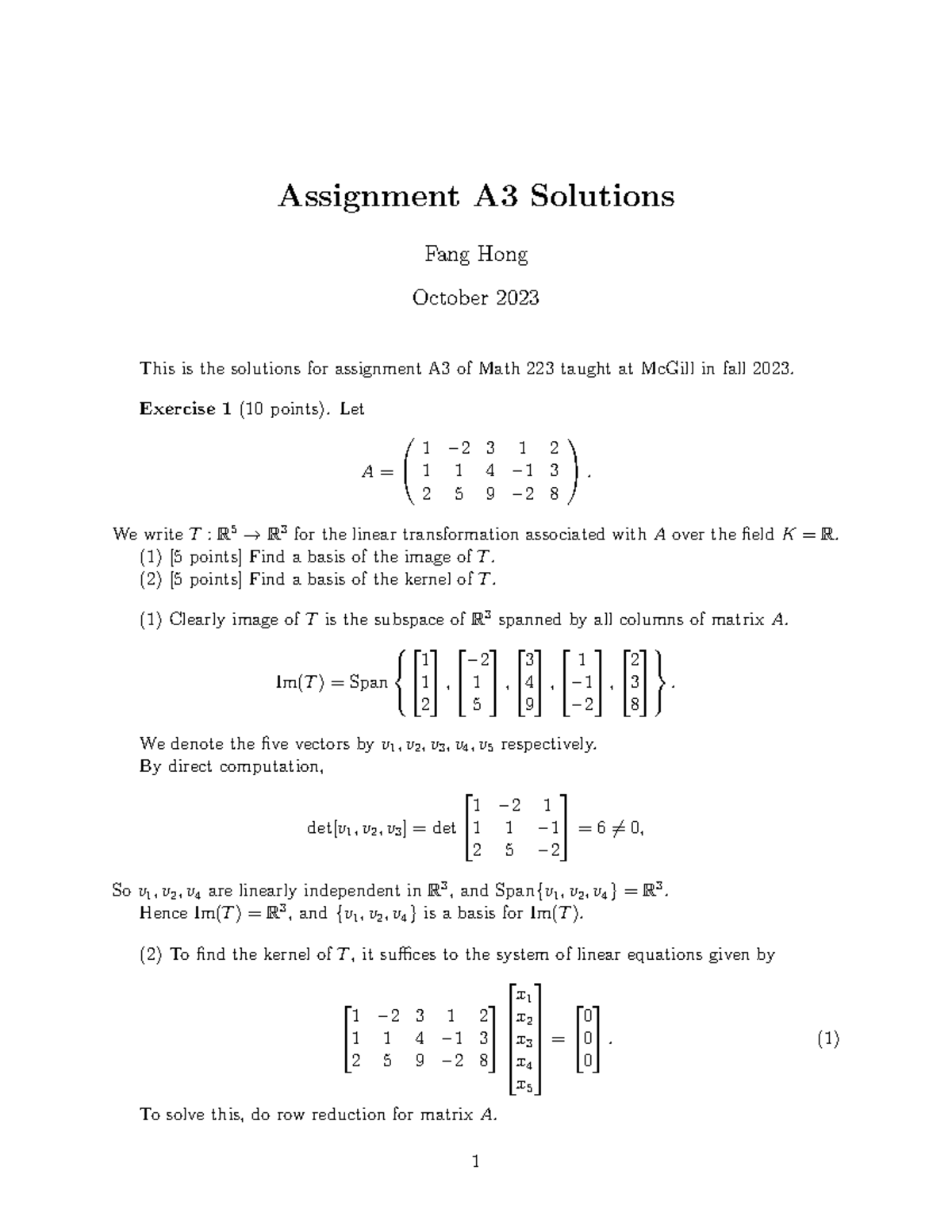 A3 solution - Assignment A3 Solutions Fang Hong October 2023 This is ...
