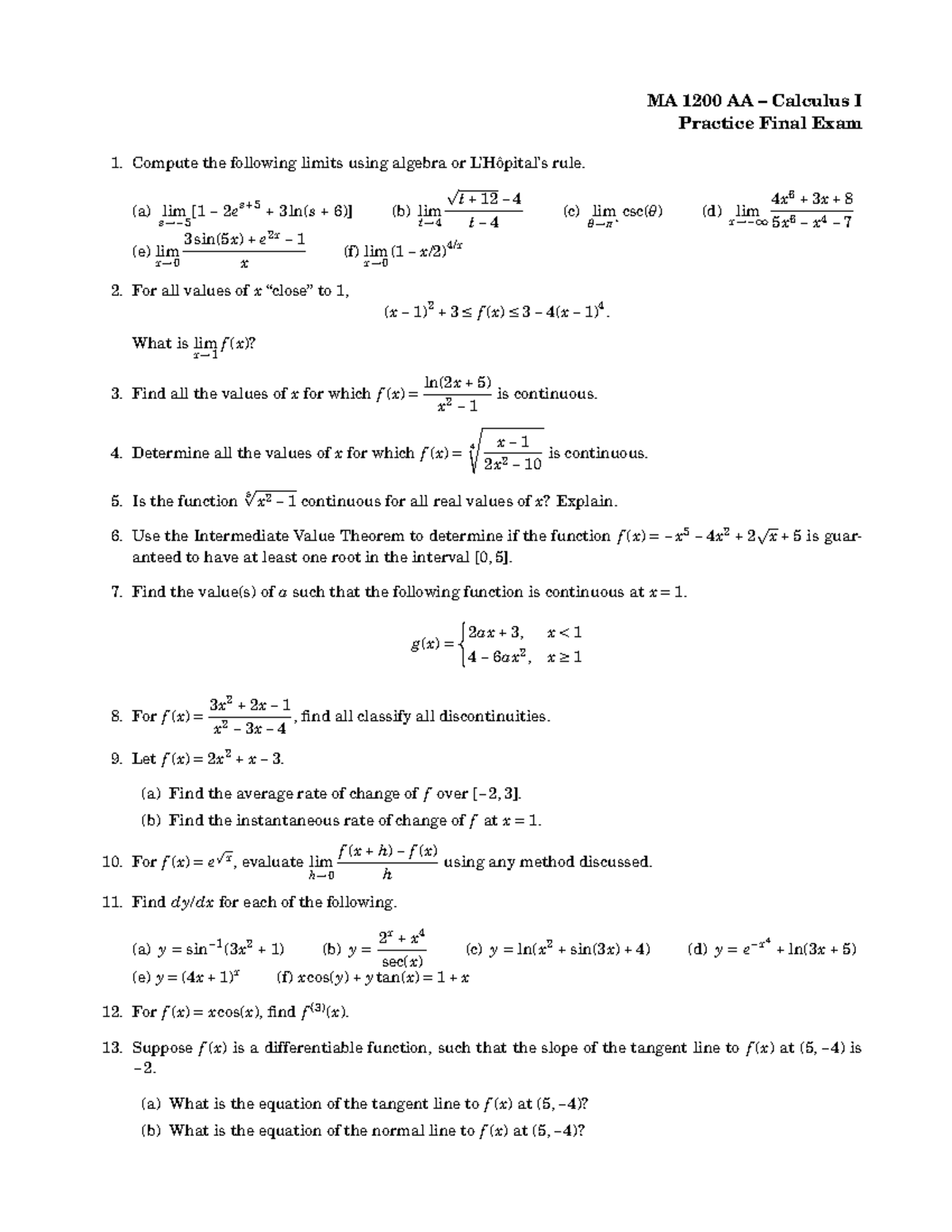 Practice Final Exam - MA 1200 AA – Calculus I Practice Final Exam ...