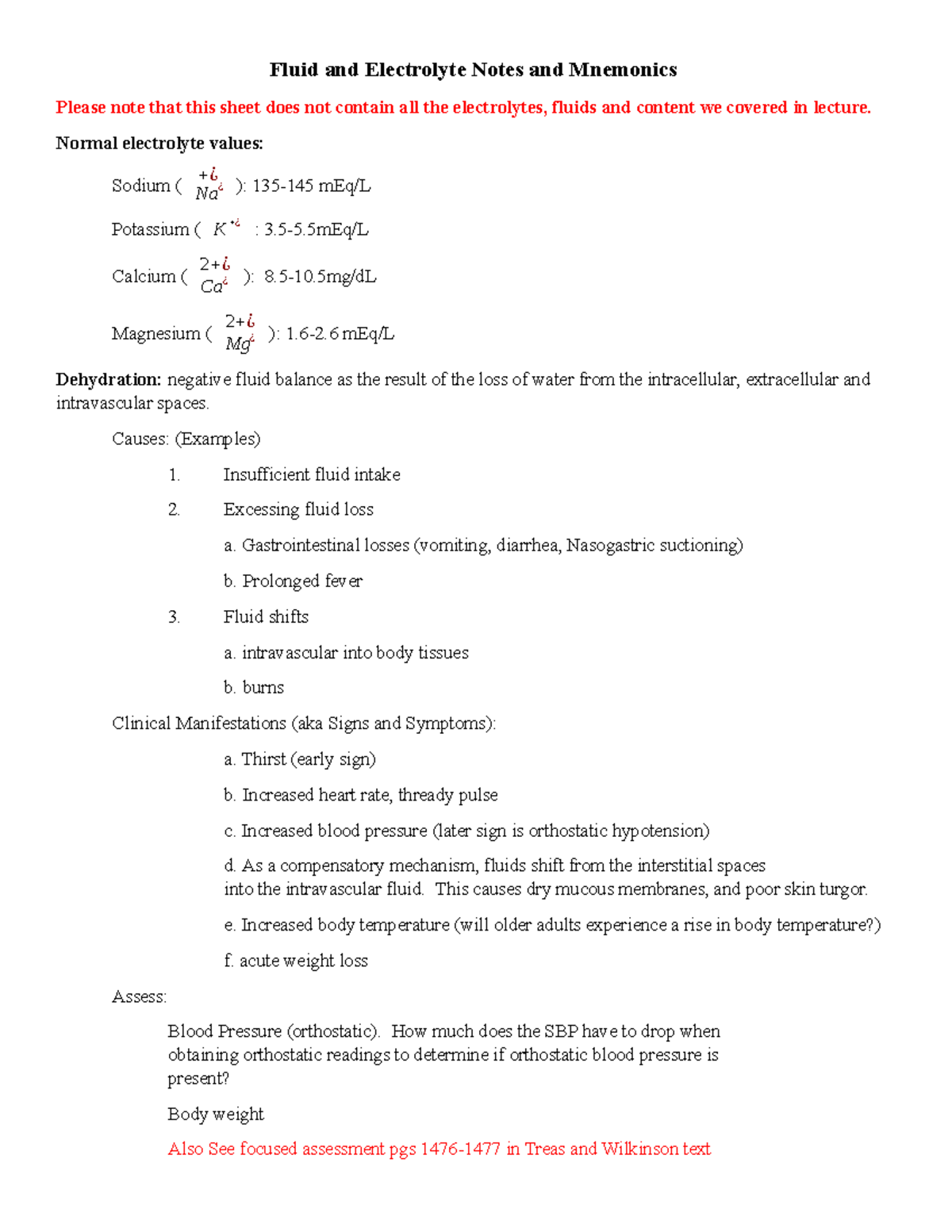Fluid and Electrolyte Notes and Mnemonics Normal electrolyte values