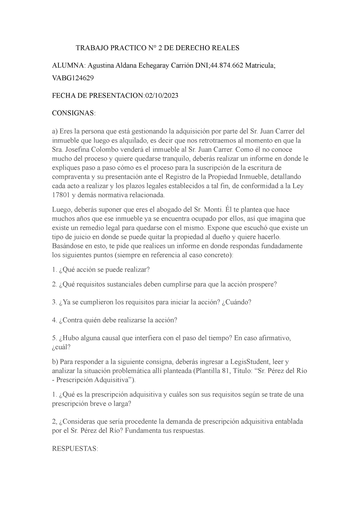 Trabajo Practico N° 2 De Derecho Reales Trabajo Practico N° 2 De