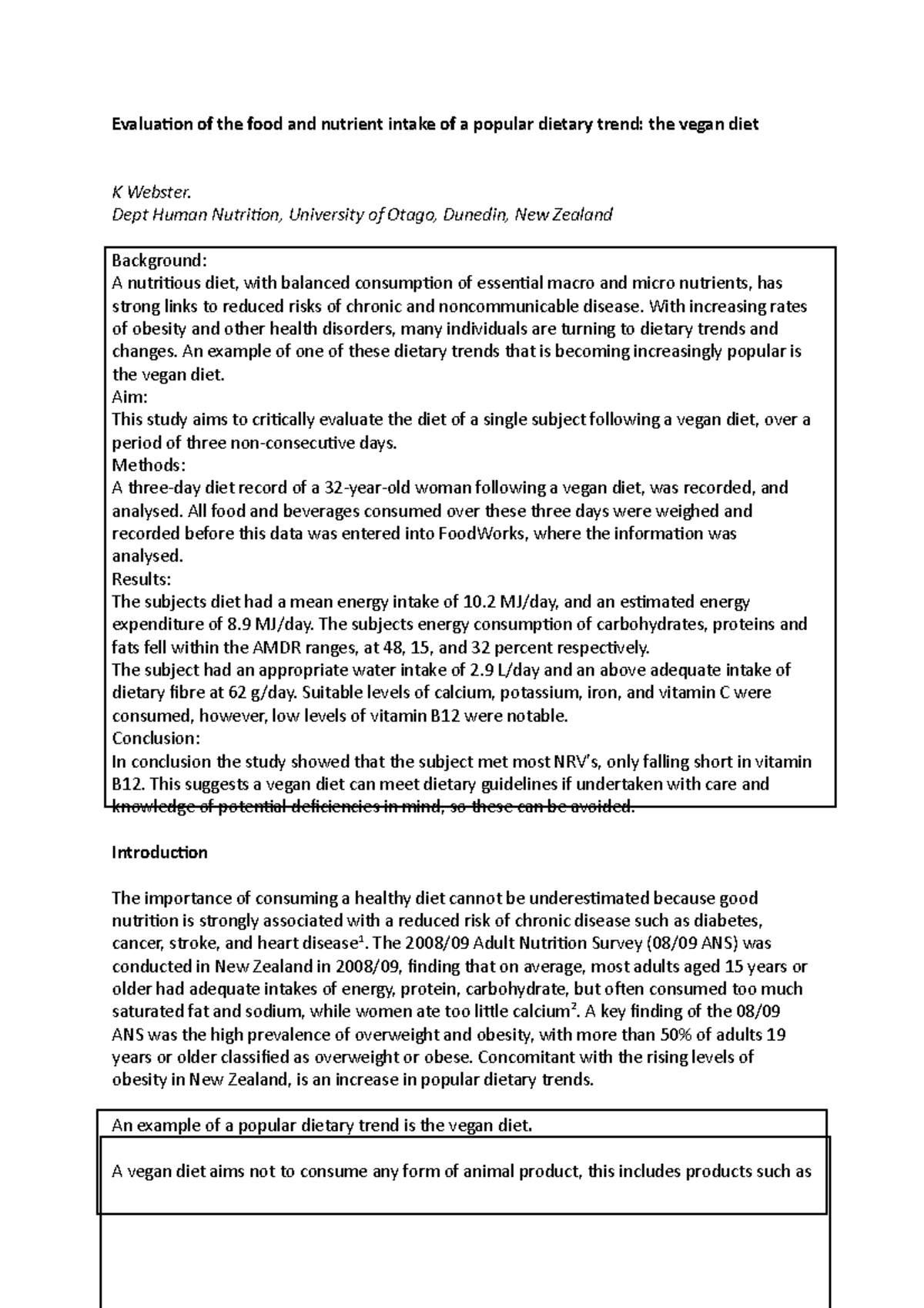 Assignment 2, Vegan diet Evaluation of the food and nutrient intake of a popular dietary trend