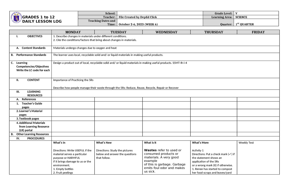 DLL Science 5 Q1 W6 - Subject - GRADES 1 To 12 DAILY LESSON LOG School ...