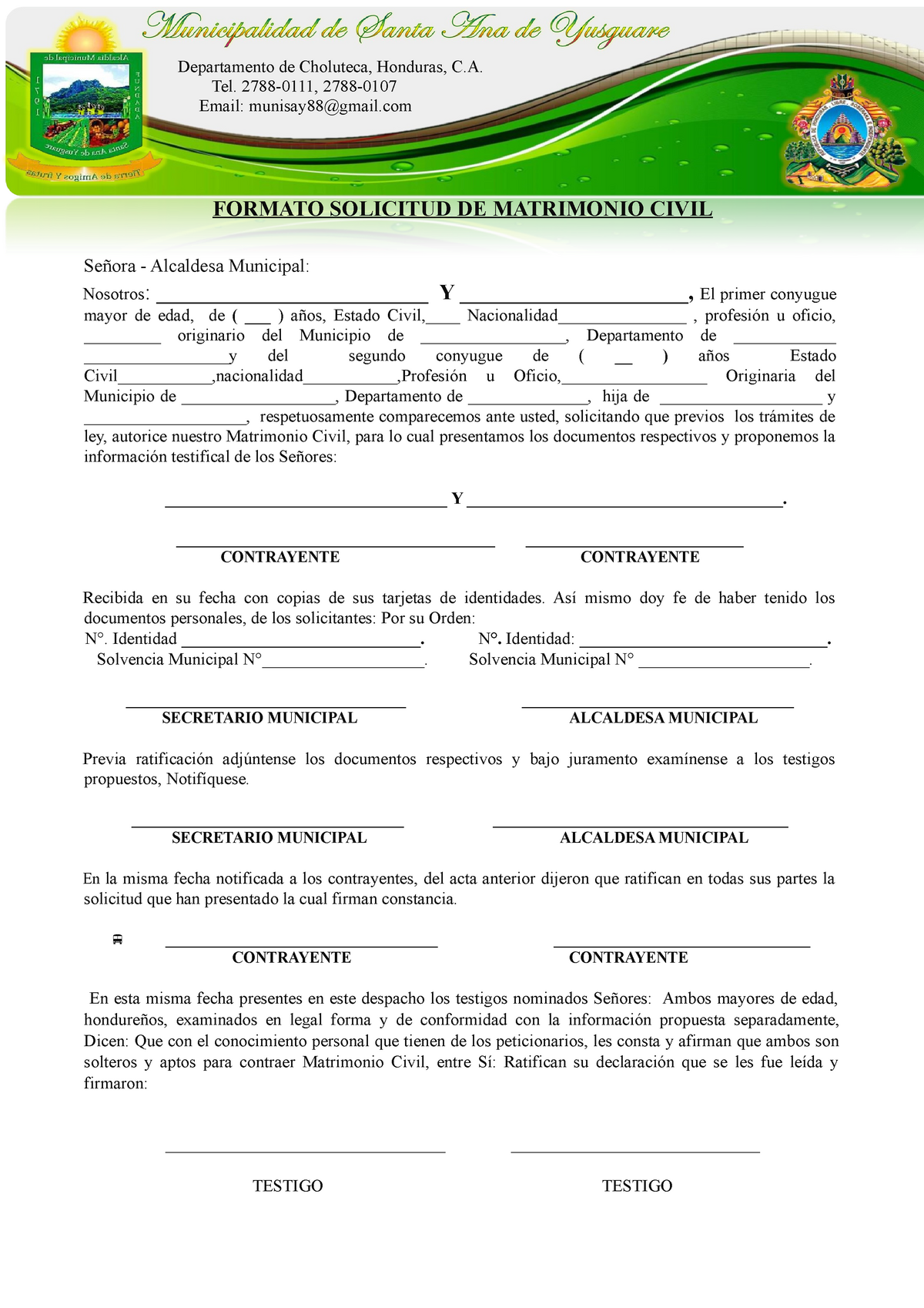 422133223 Formato de acta de Matrimonio Honduras - Departamento de  Choluteca, Honduras, C. Tel. - Studocu