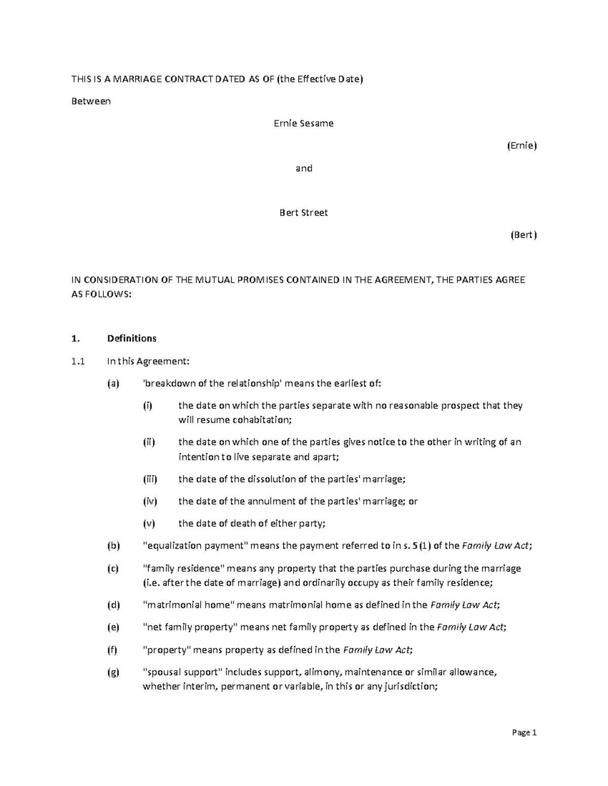 Sample Marriage Contract - THIS IS A MARRIAGE CONTRACT DATED AS OF (the ...