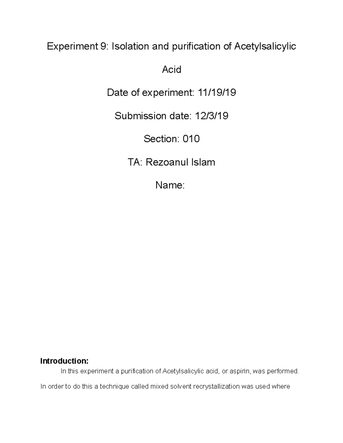 Lab Report 9 Isolation and purification of Acetylsalicylic Acid