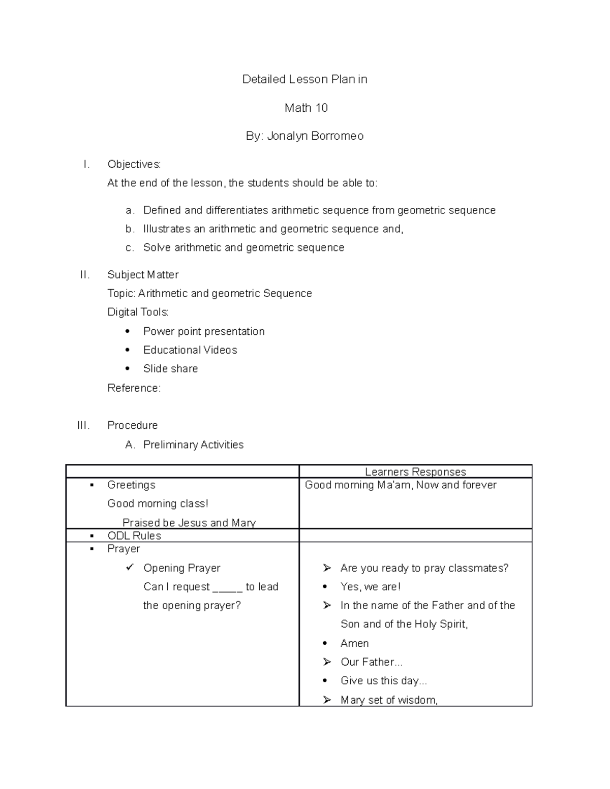 Arithmetic and Geometric Sequence Lesson plan - Detailed Lesson Plan in