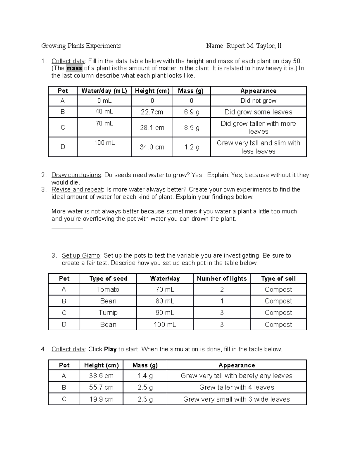 Gizmo Worksheet Growing Plants Scientific Method Exercise Growing