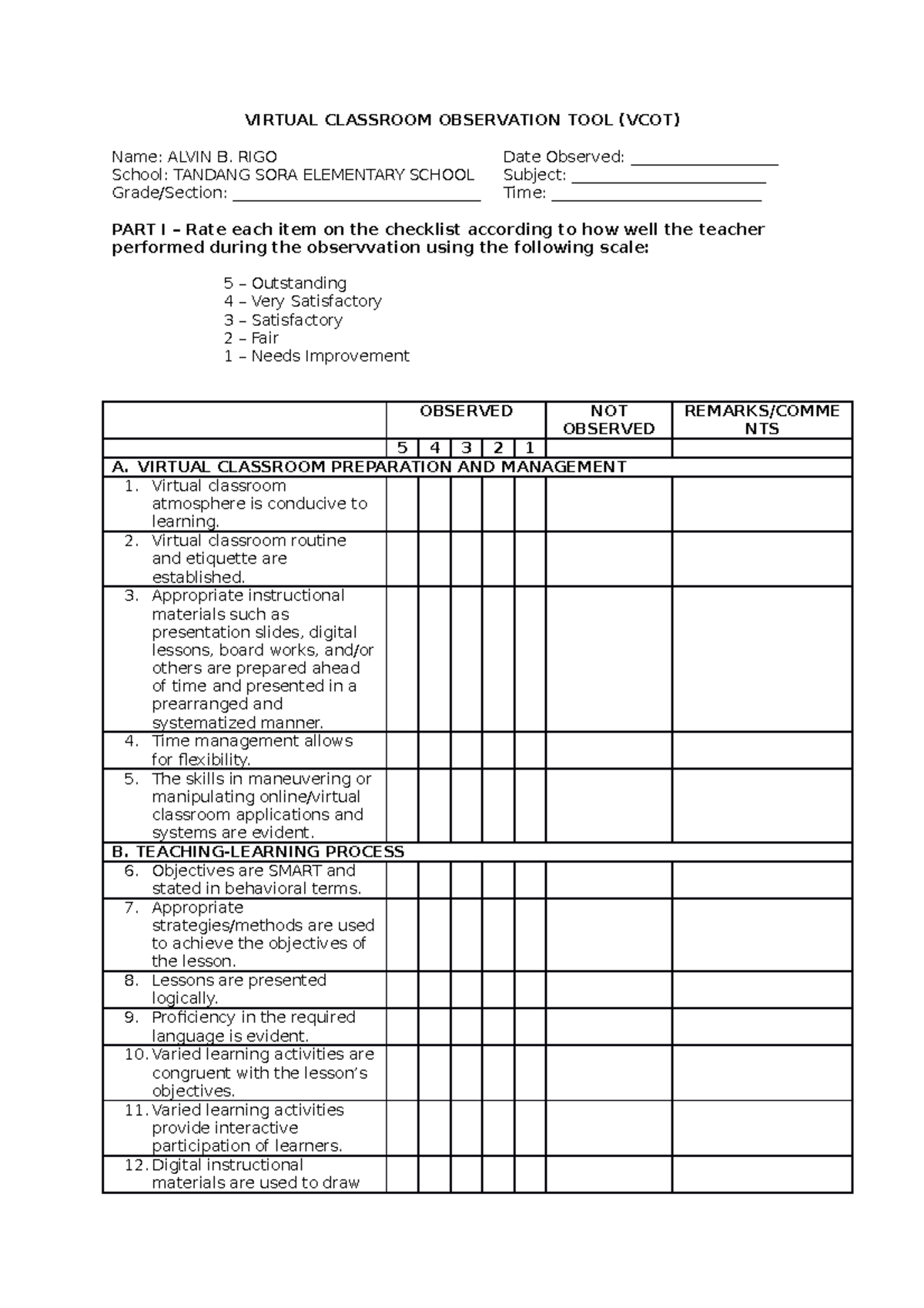 VCOT 1 Alvin RIGO PSDS - VIRTUAL CLASSROOM OBSERVATION TOOL (VCOT) Name ...