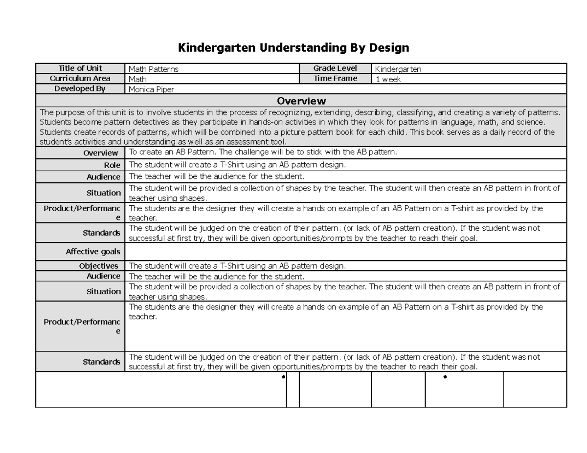 Understanding by Design (Kindergarten) - Kindergarten Understanding By ...