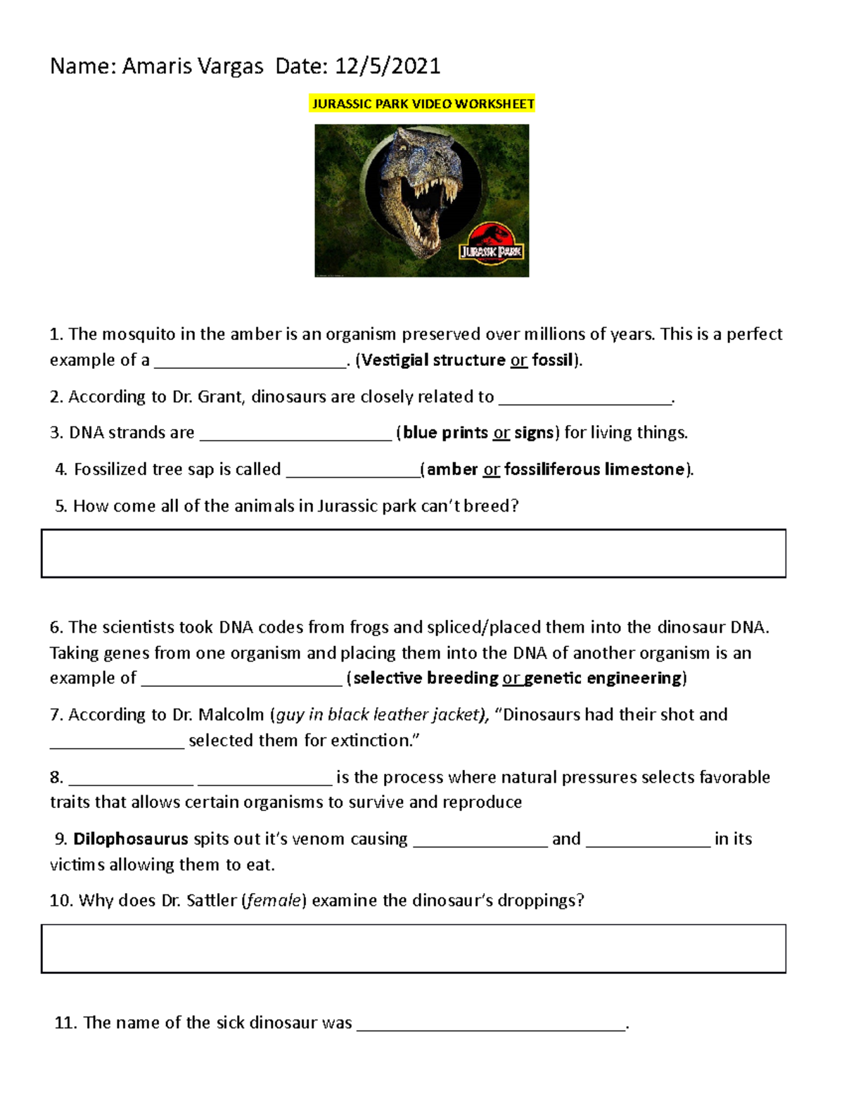 Jurassic park video worksheet 2021 -2022 - Studocu