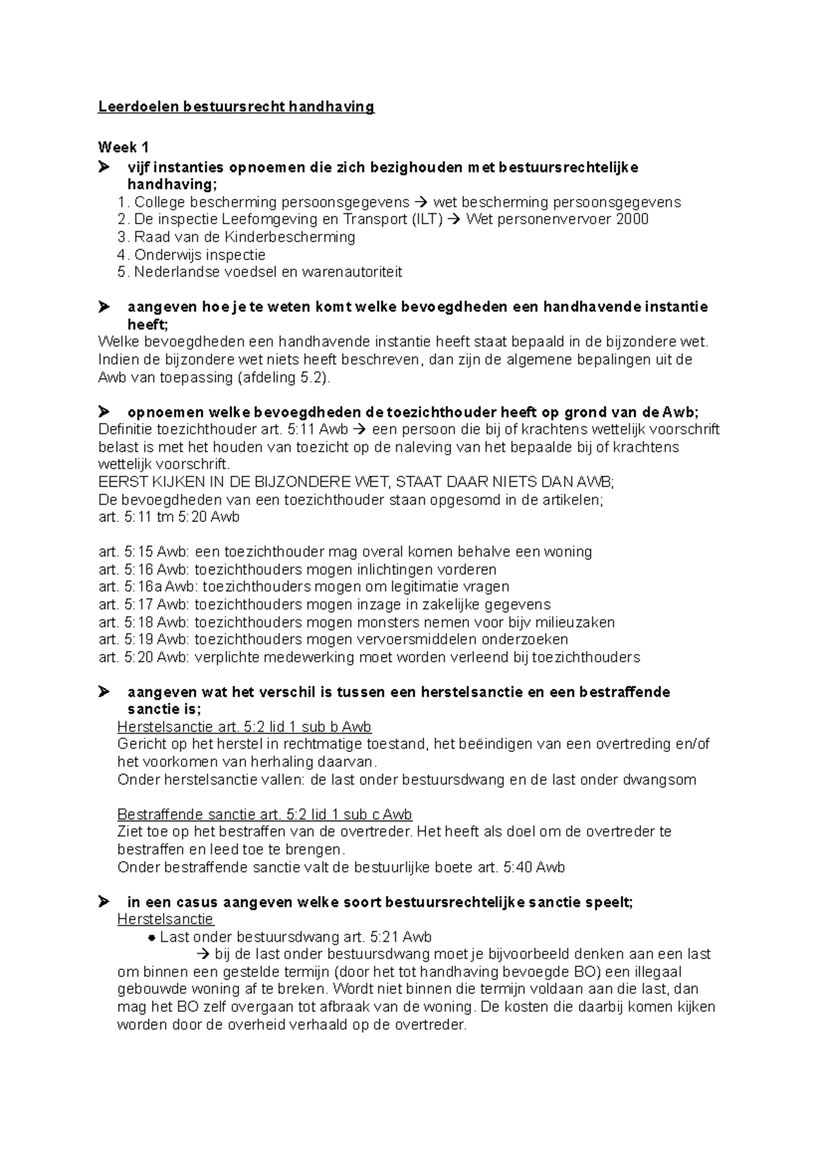 Leerdoelen Bestuursrecht Handhaving - Samenvatting - College 1 - 7 ...