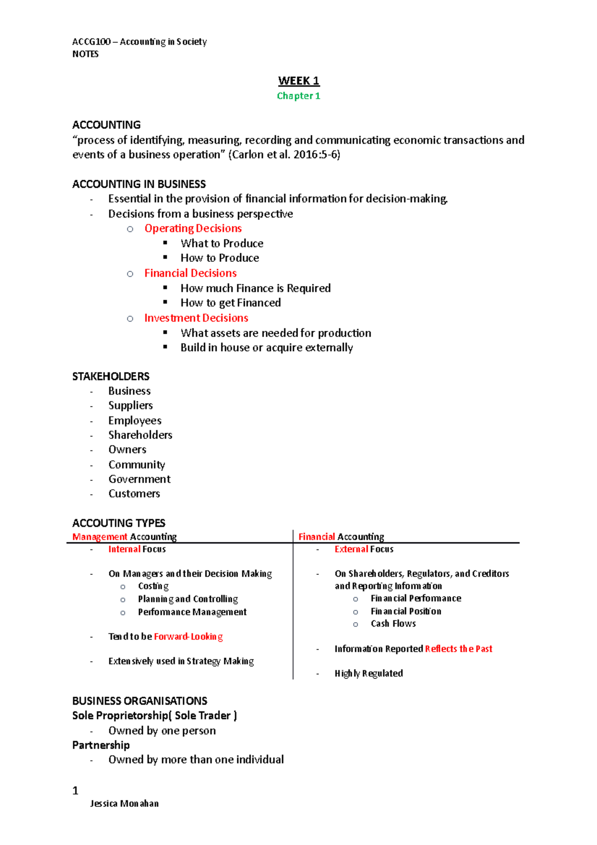 Accounting Notes - ACCG100 – Accounting in Society NOTES WEEK 1 Chapter ...