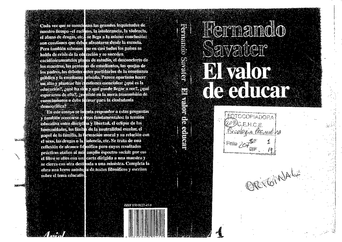 207. Savater. El valor de educar - Psicología Preventiva - Studocu