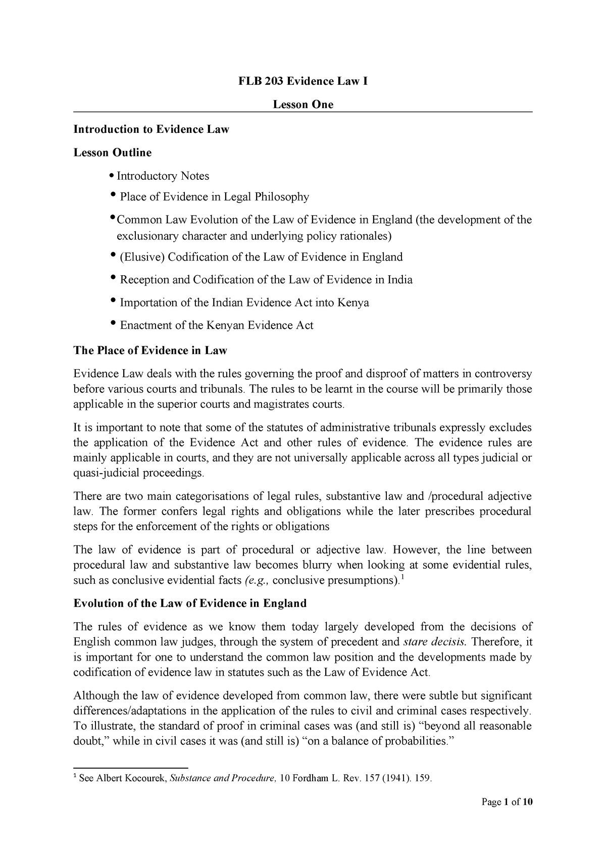 Evidence law Lesson 1 and 2 notes 2019 - FLB 203 Evidence Law I Lesson ...