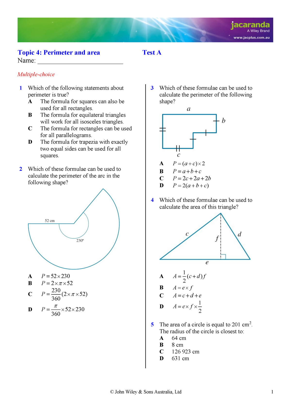 Review - Area and Perimeter - Topic 4: Perimeter and area Test A Name