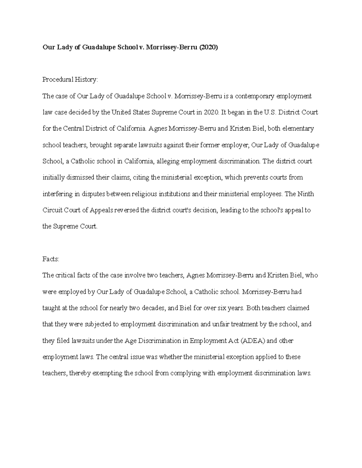 Business 314 Assignment 1 Case Brief Our Lady of Guadalupe School v