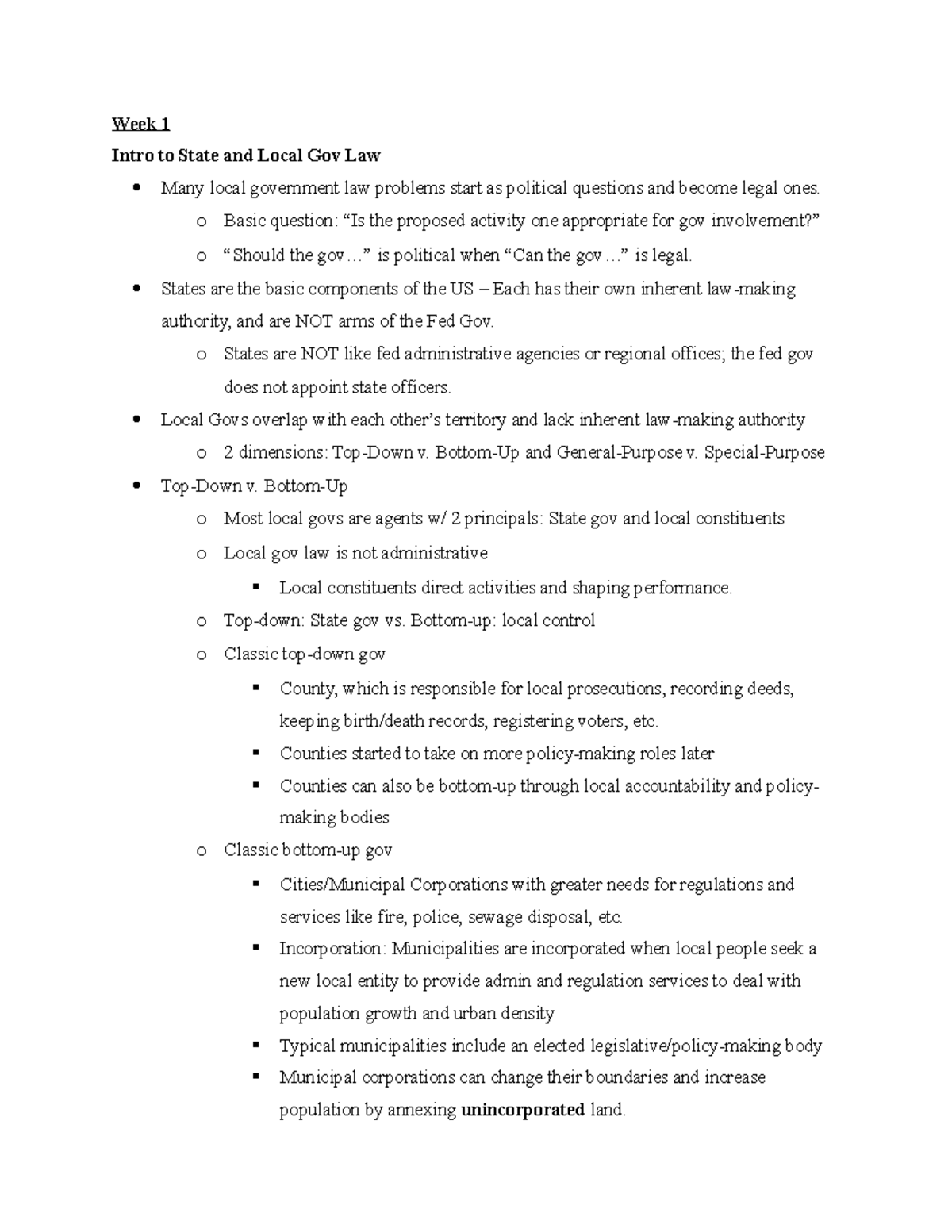 Extra Class Notes - Week 1 Intro to State and Local Gov Law Many local ...