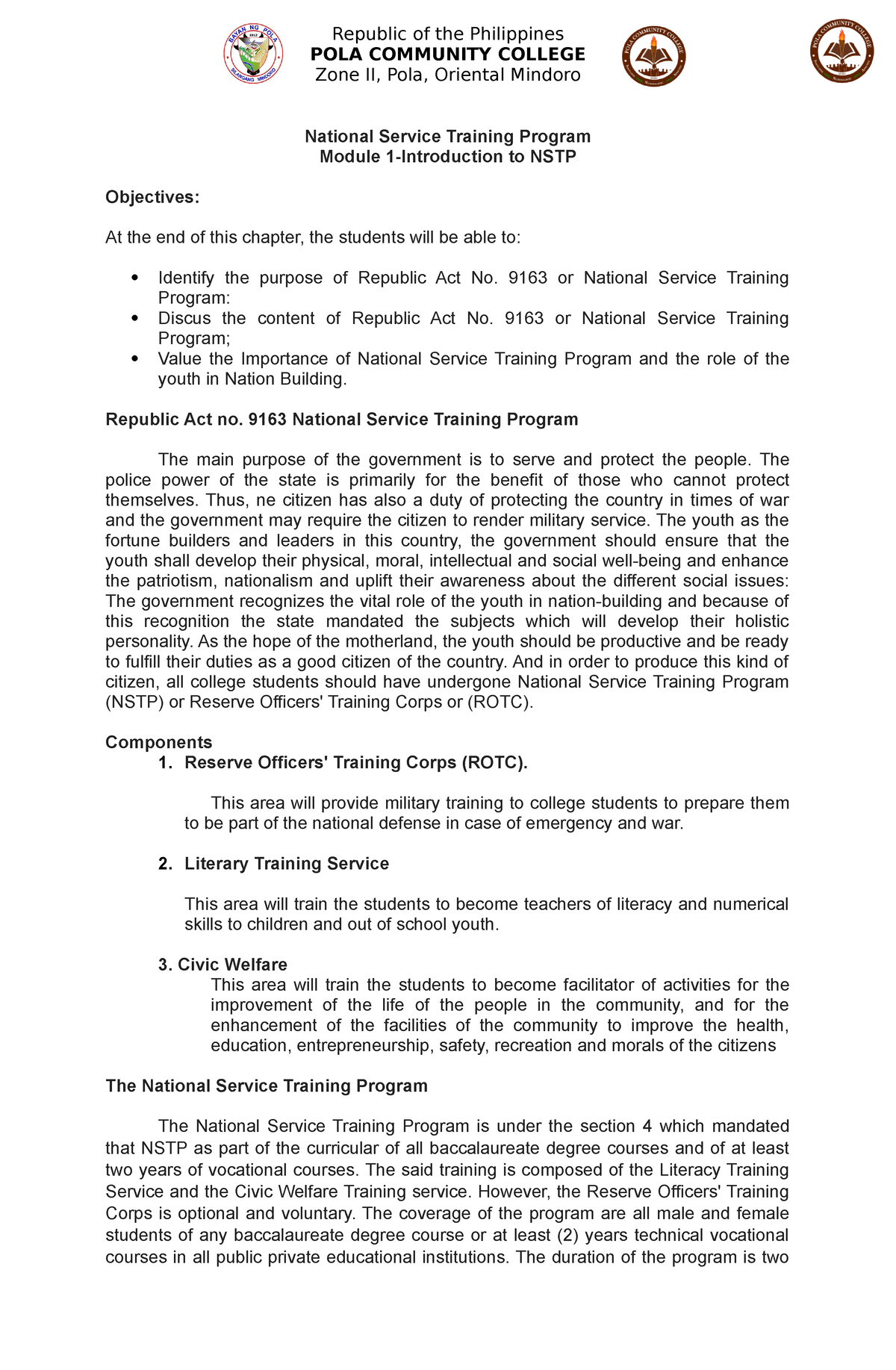 National Service Training Program - 9163 Or National Service Training ...