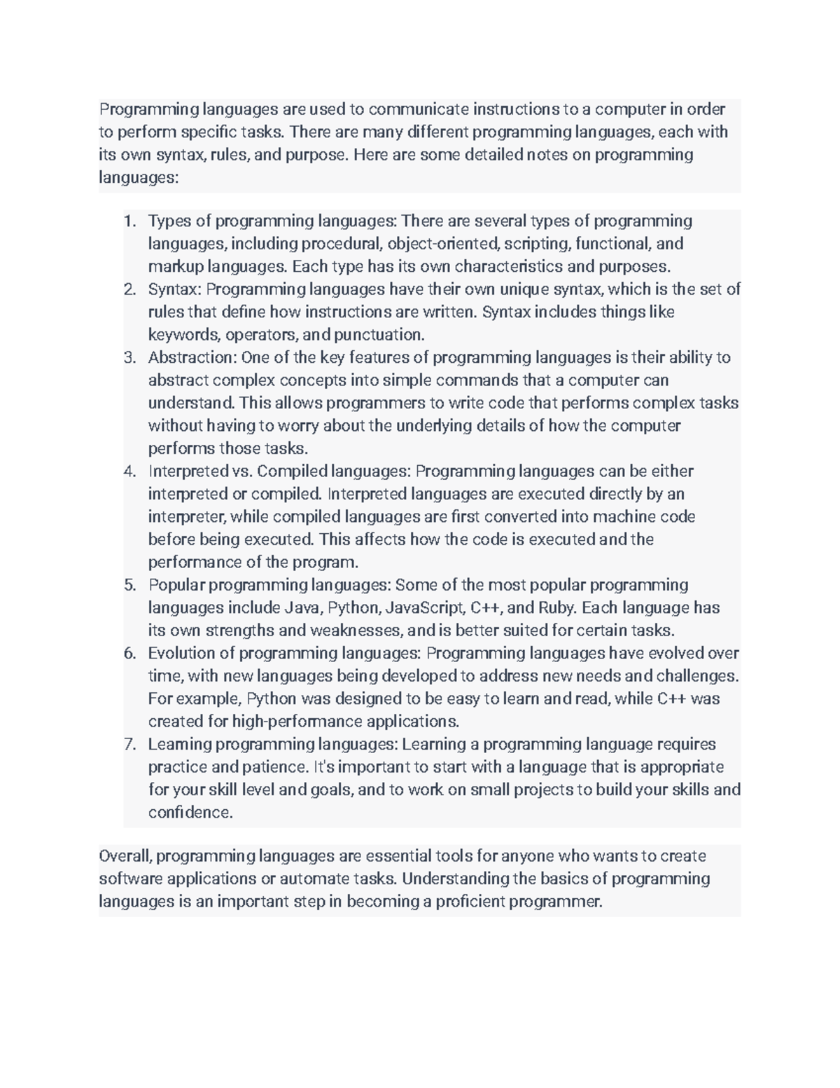 Programming languages Notes - Programming languages are used to ...