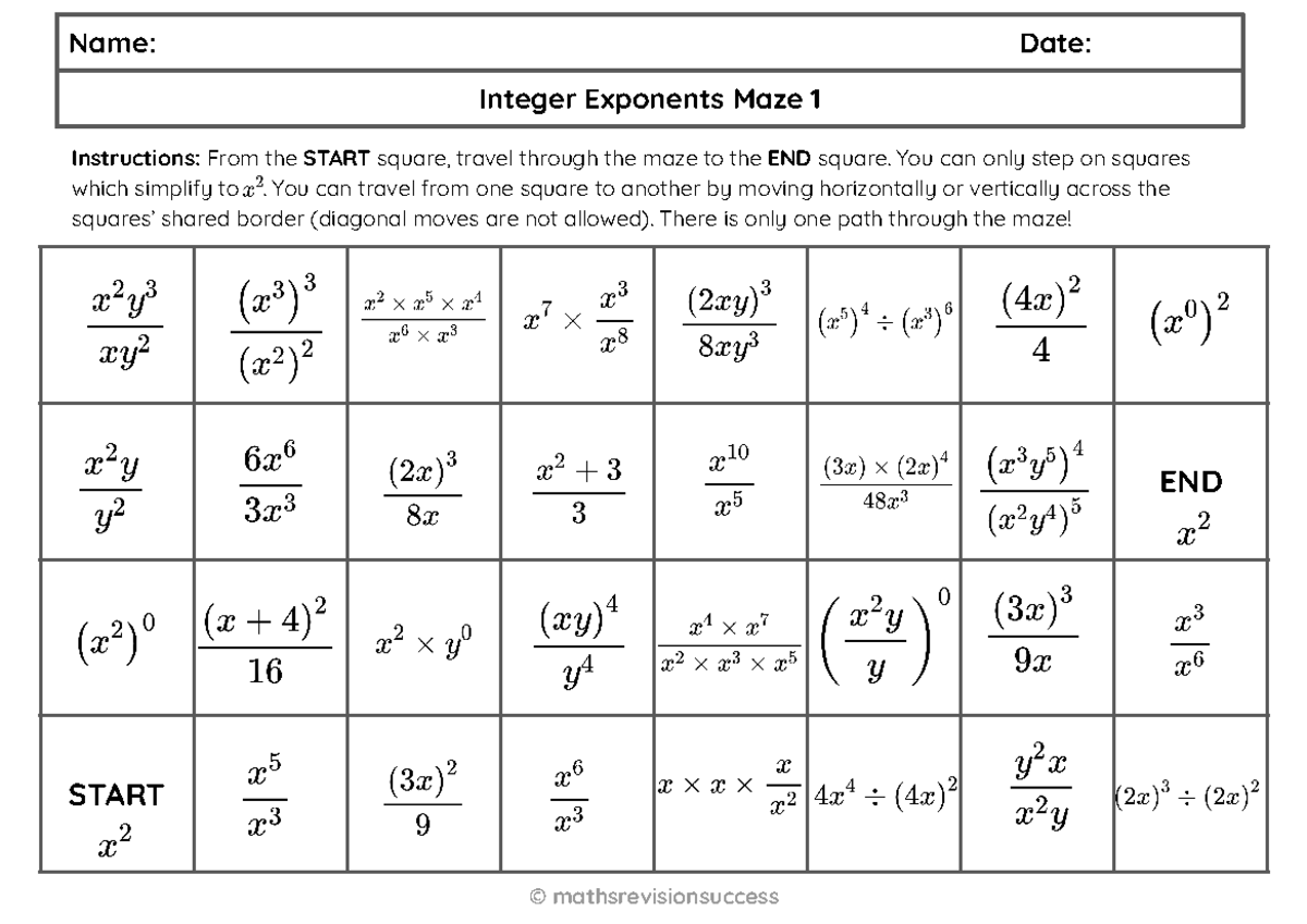 Indices maze activity - MATH 1056 - Name: Date: Integer Exponents Maze ...