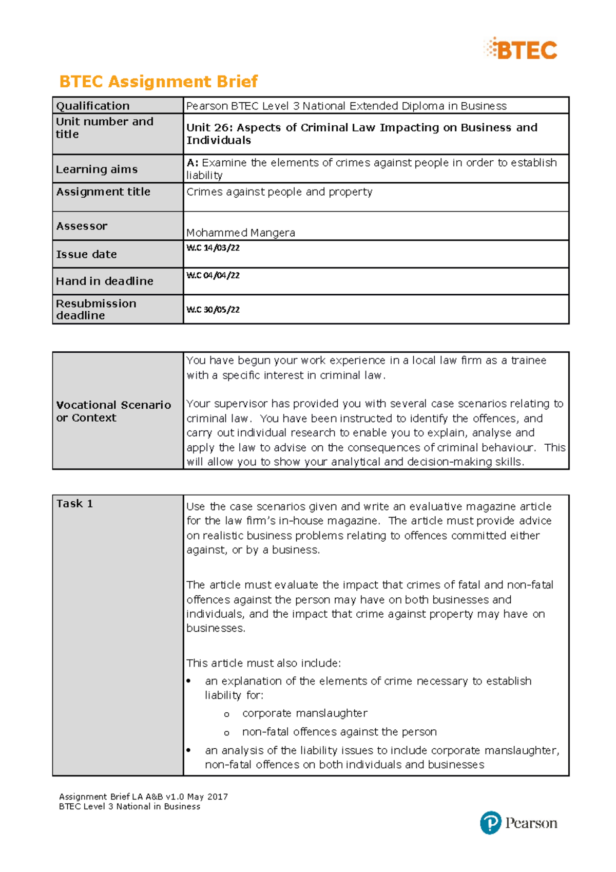 BTEC Assignment Brief Leaning Aim A - BTEC Assignment Brief ...