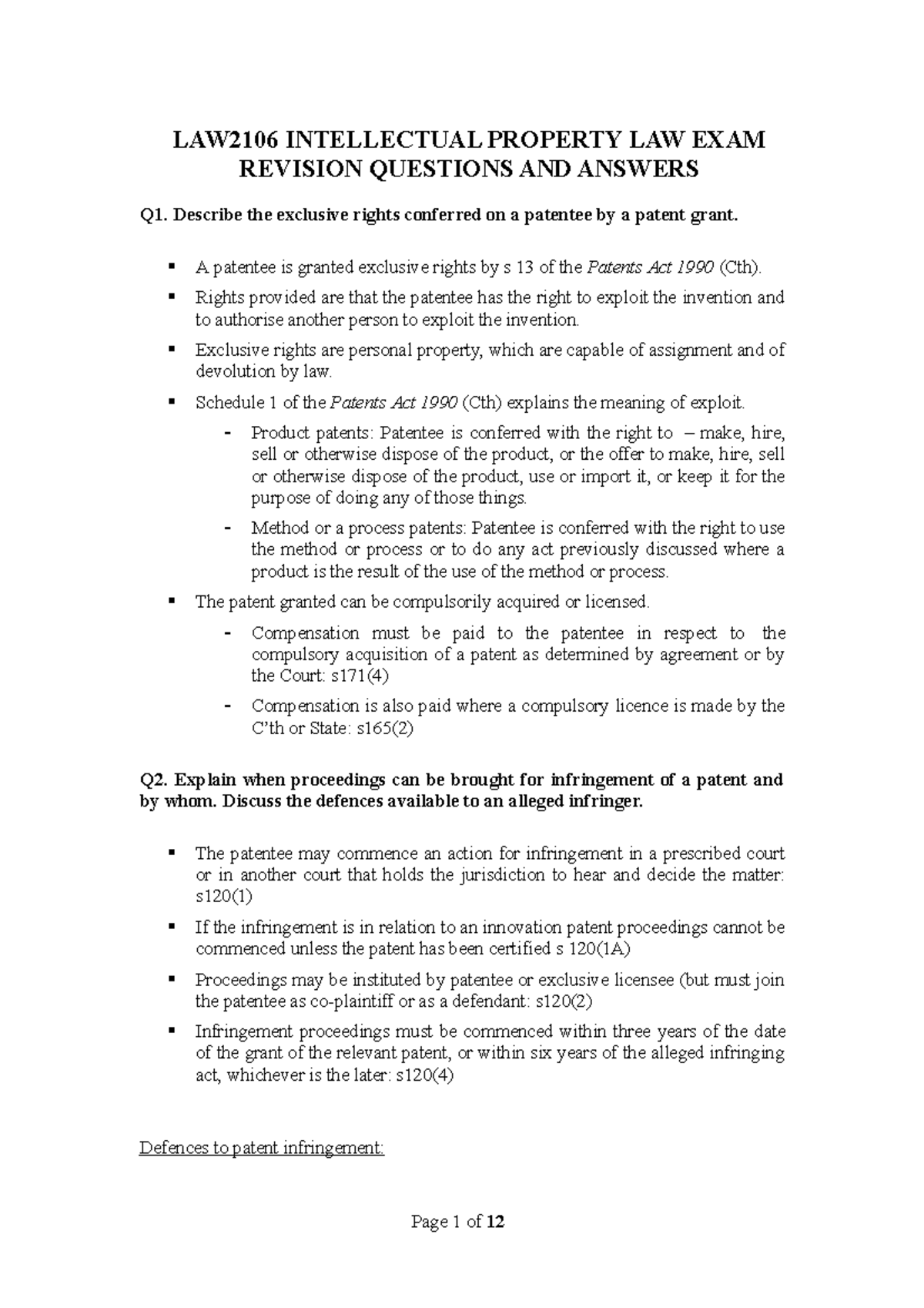 LAW2106 Intellectual Property LAW EXAM Revision Questions AND Answers LAW2106 INTELLECTUAL