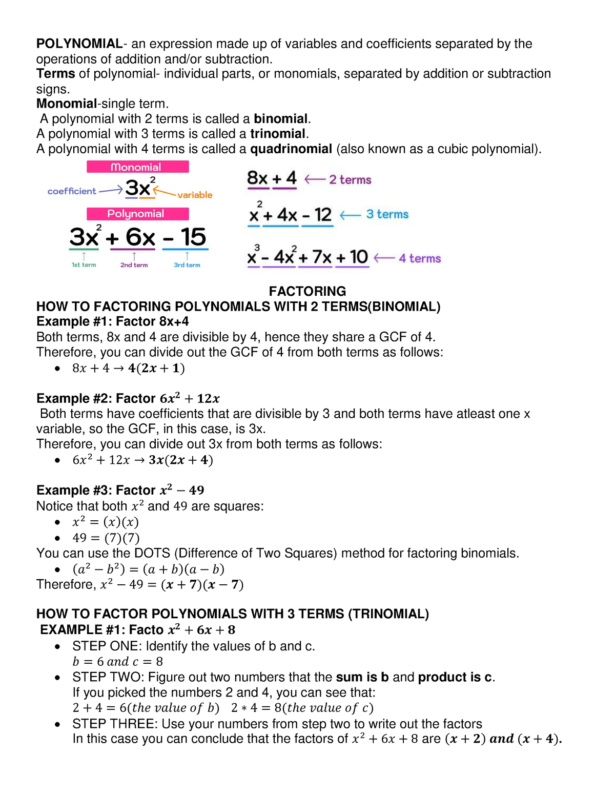 Factoringpoly - Factoring Polynomials For Grades 8- Notes - POLYNOMIAL ...