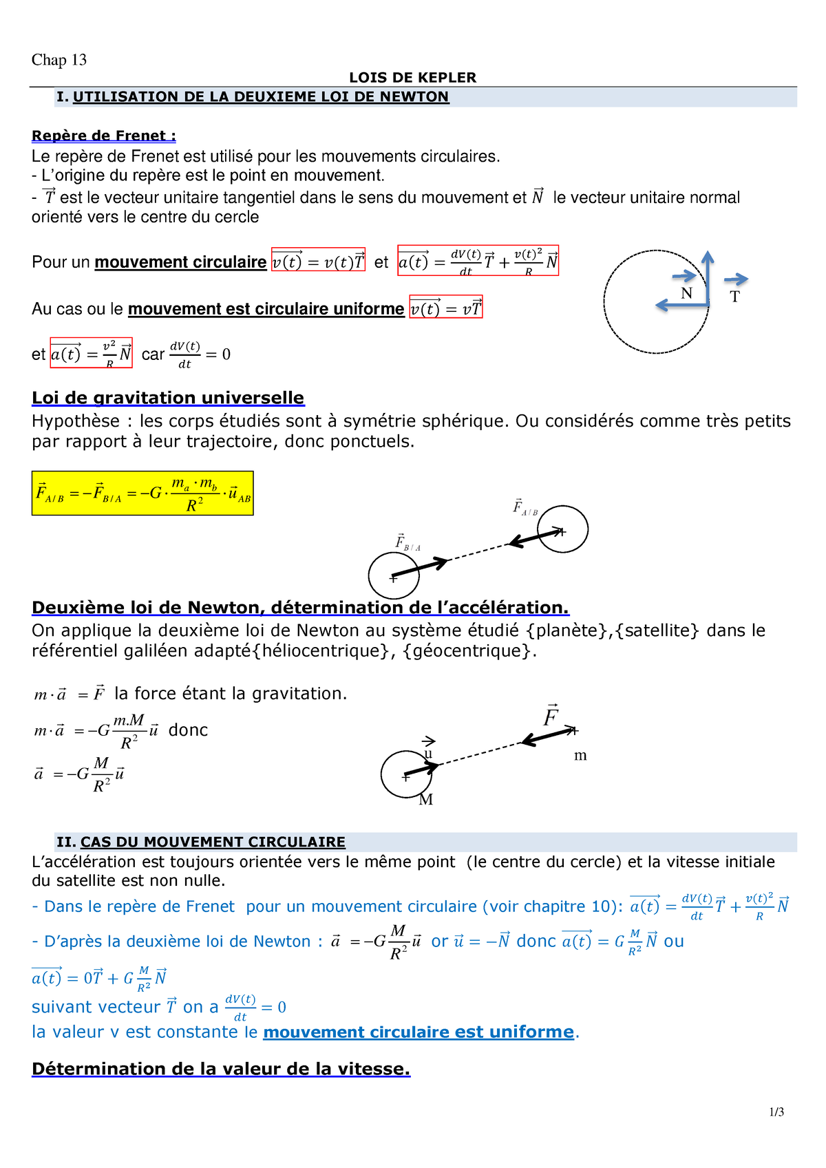 Chap 13 Lois De Kepler - Cours - Chap 1 3 1 / 3 LOIS DE KEPLER I ...