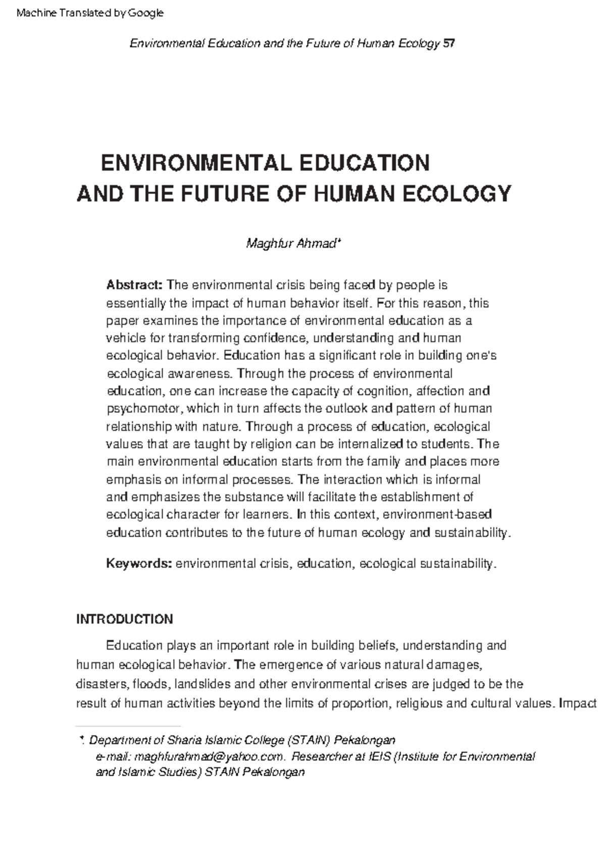 Environmental education Keywords environmental crisis, education