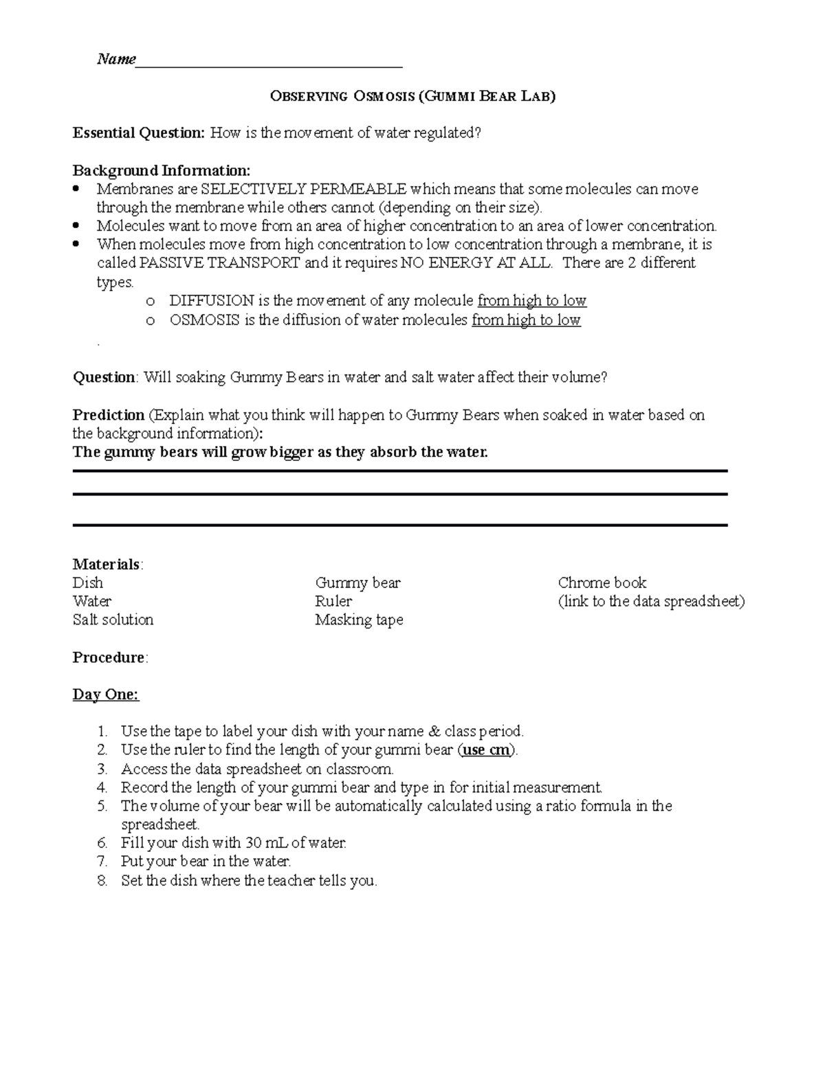 Answers TO Lab Observing Osmosis Gummie Bear Name